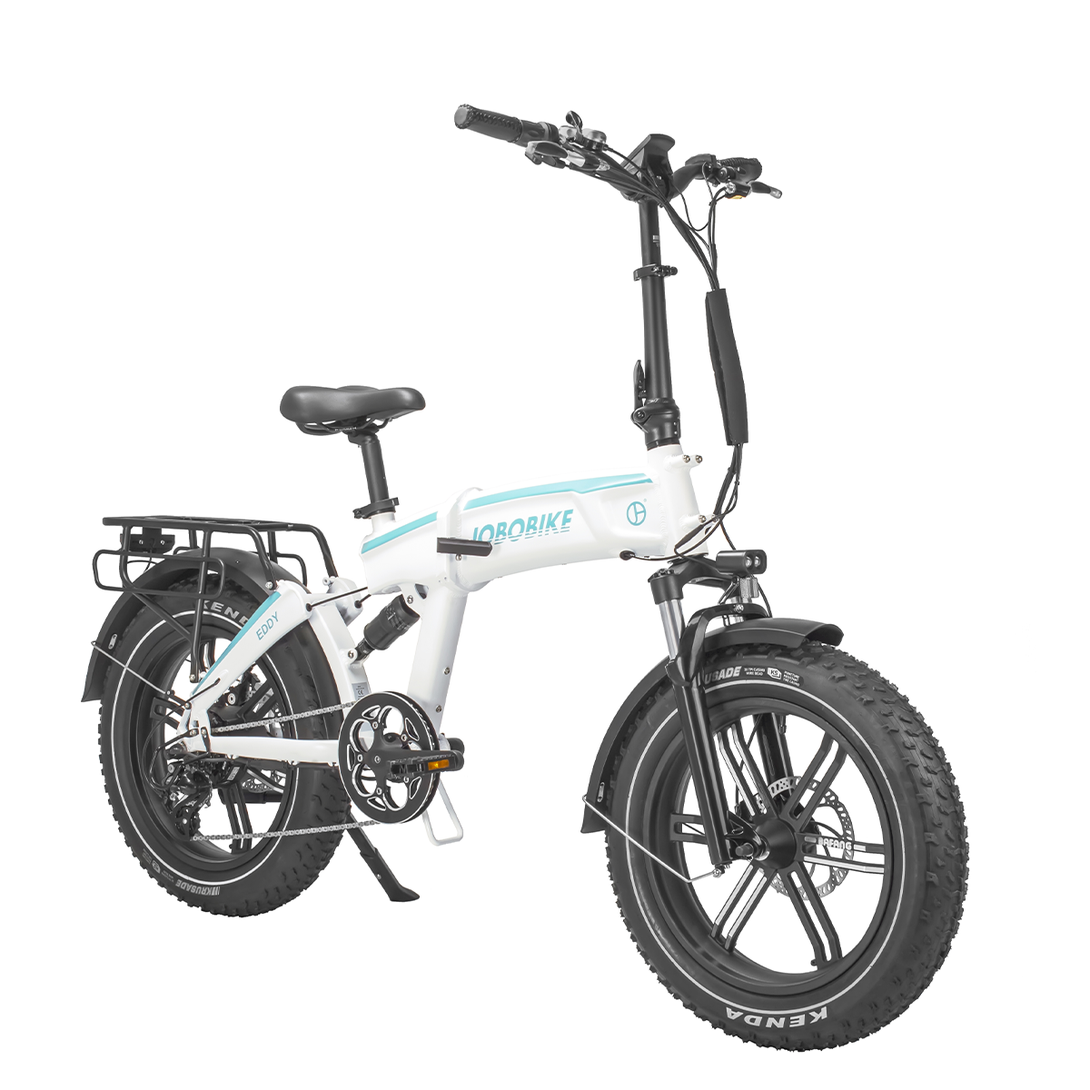 Biały rower elektryczny JOBOBIKE z czarnymi oponami i tylnym bagażnikiem, widok z przodu i lekko pod kątem.