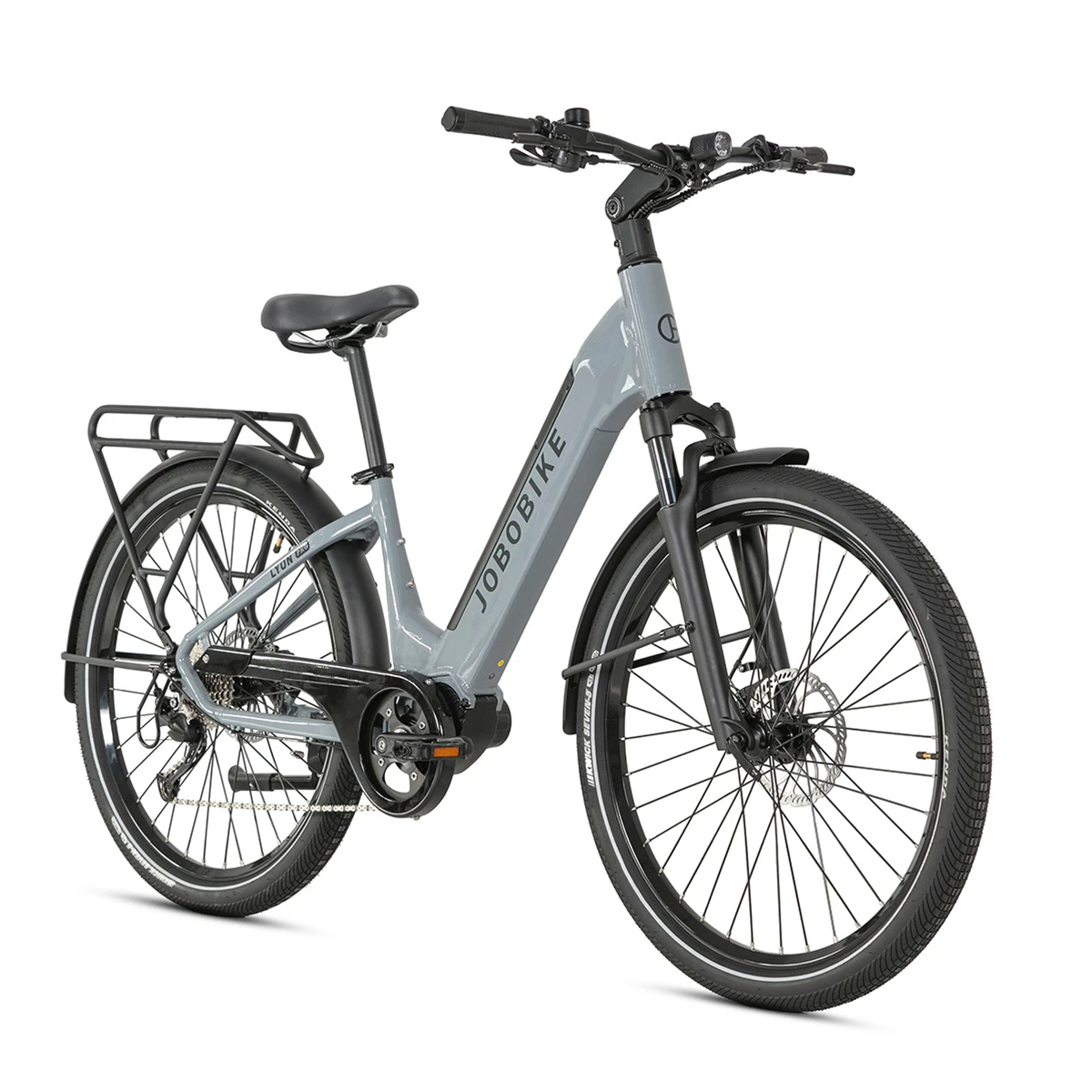 Szary rower elektryczny Jobobike. Rower ma czarne opony, błotniki i bagażnik.