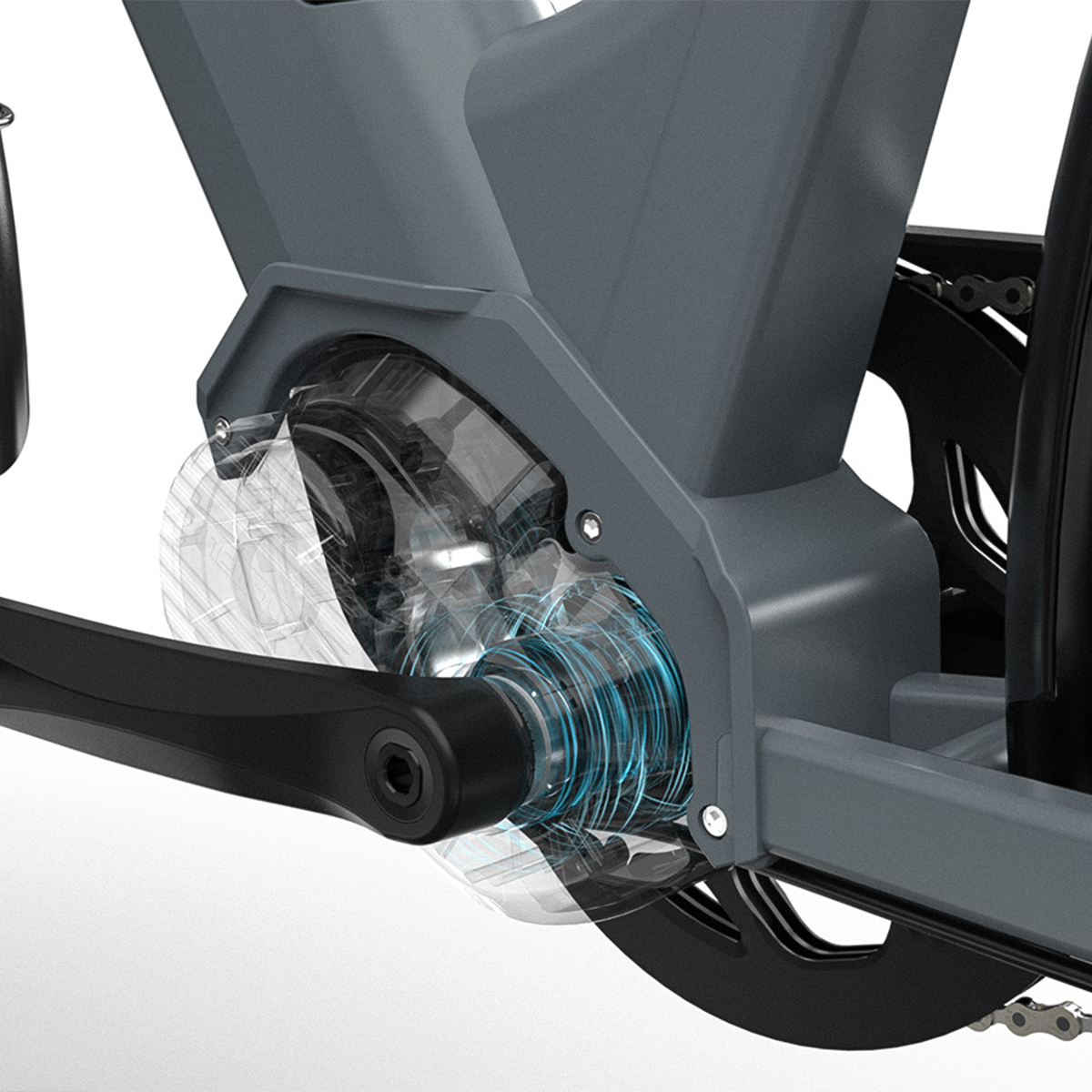 Zbliżenie silnika i mechanizmu korbowego roweru elektrycznego. Przezroczysta osłona ukazuje mechanikę.