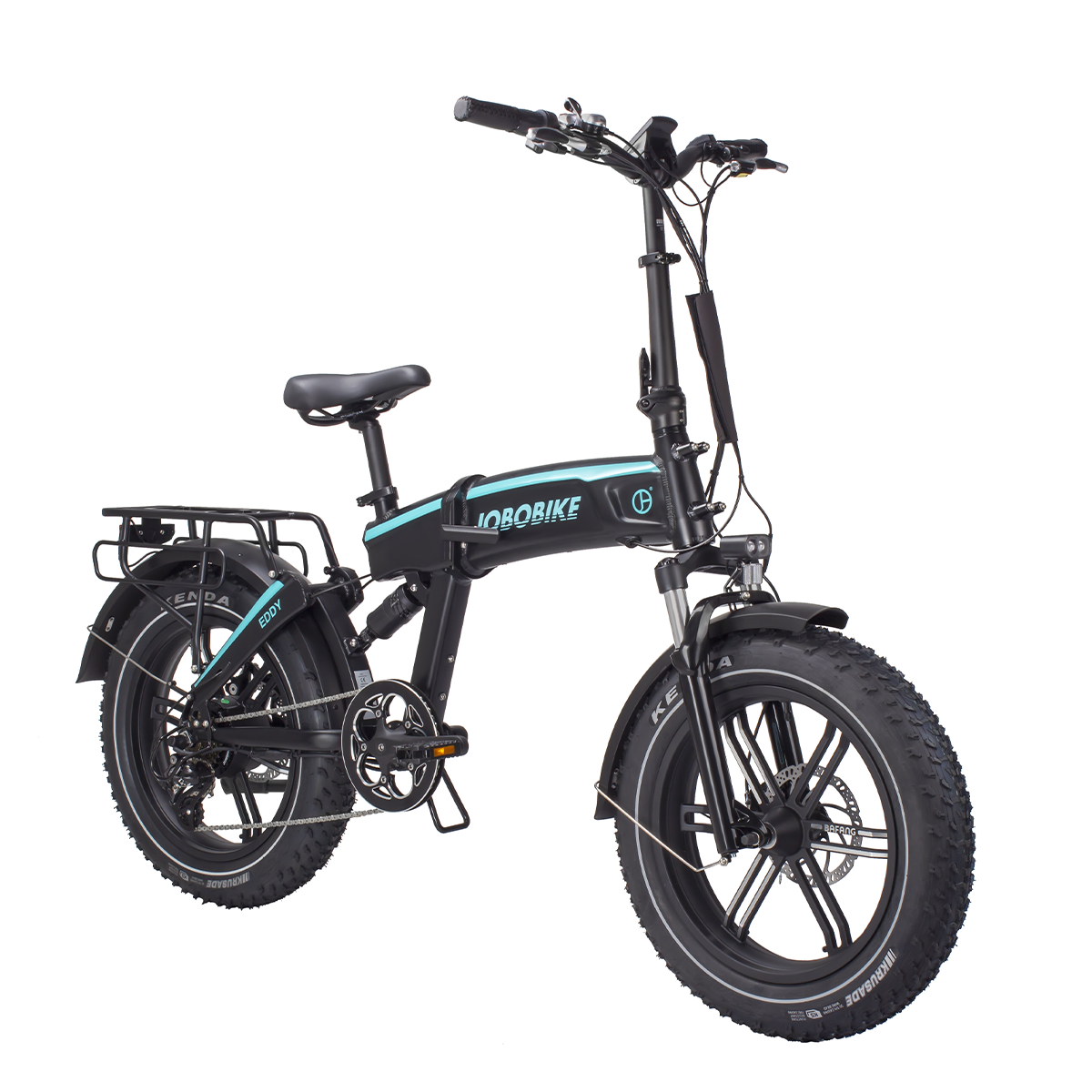 Składany czarny rower elektryczny z grubymi oponami. Marka to 'JOBOBIKE', a na nim napis 'KENDA EDDY'.