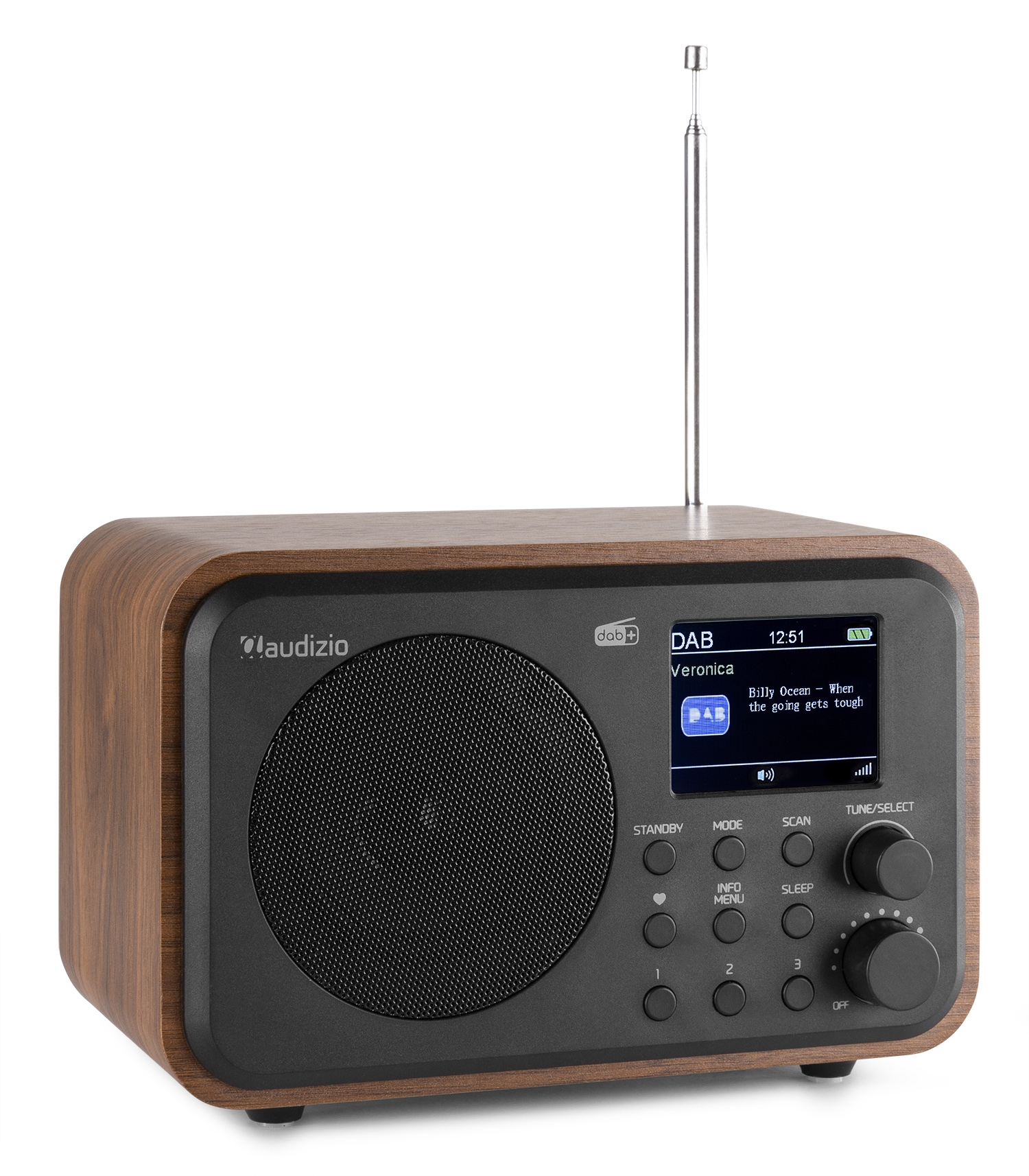 Ein Holzradio mit Digitalanzeige, die Radioinformationen und den gespielten Song anzeigt.