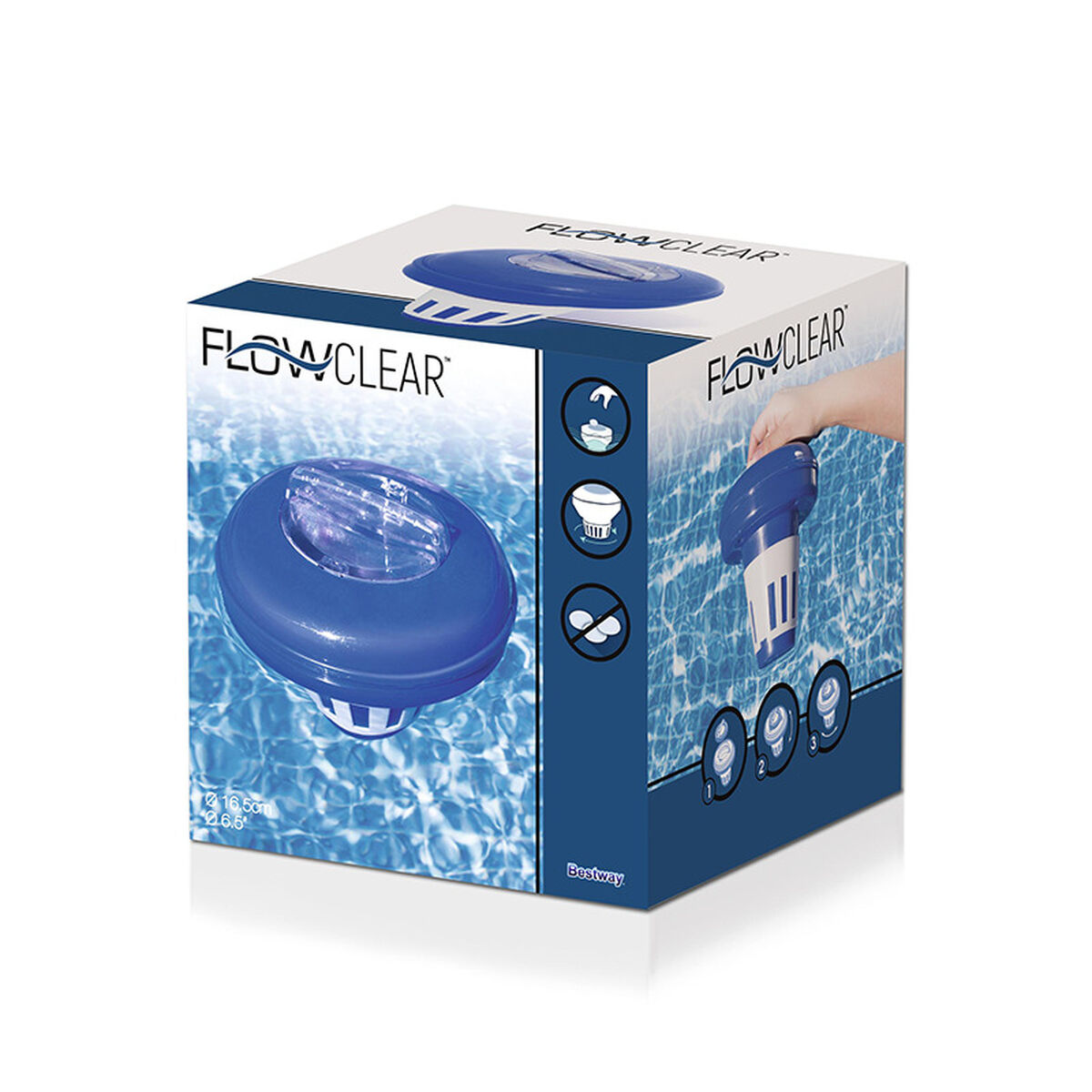 Une boîte bleue et blanche avec des images et du texte du produit, dont un nettoyeur de piscine.