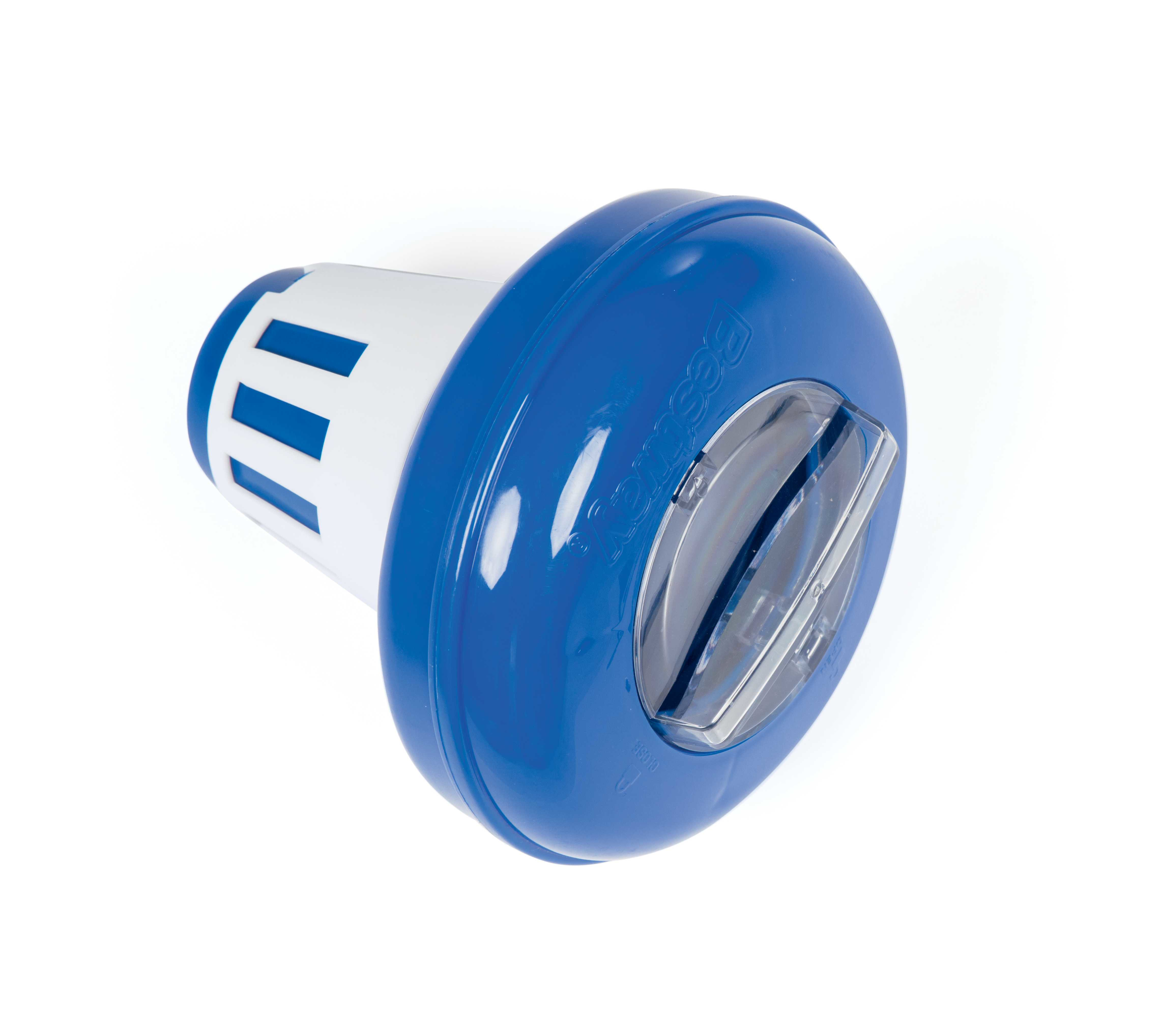 Distributeur de produits chimiques pour piscine bleu avec couvercle transparent. Le distributeur est blanc en bas avec des fentes verticales, la marque Bestway est visible.