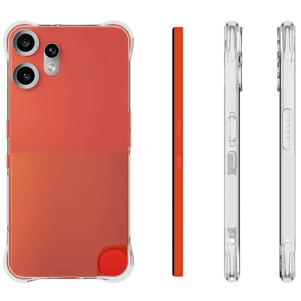 Eine Smartphone-Hülle mit orangefarbener Rückseite und transparenten Seiten, aus verschiedenen Blickwinkeln.