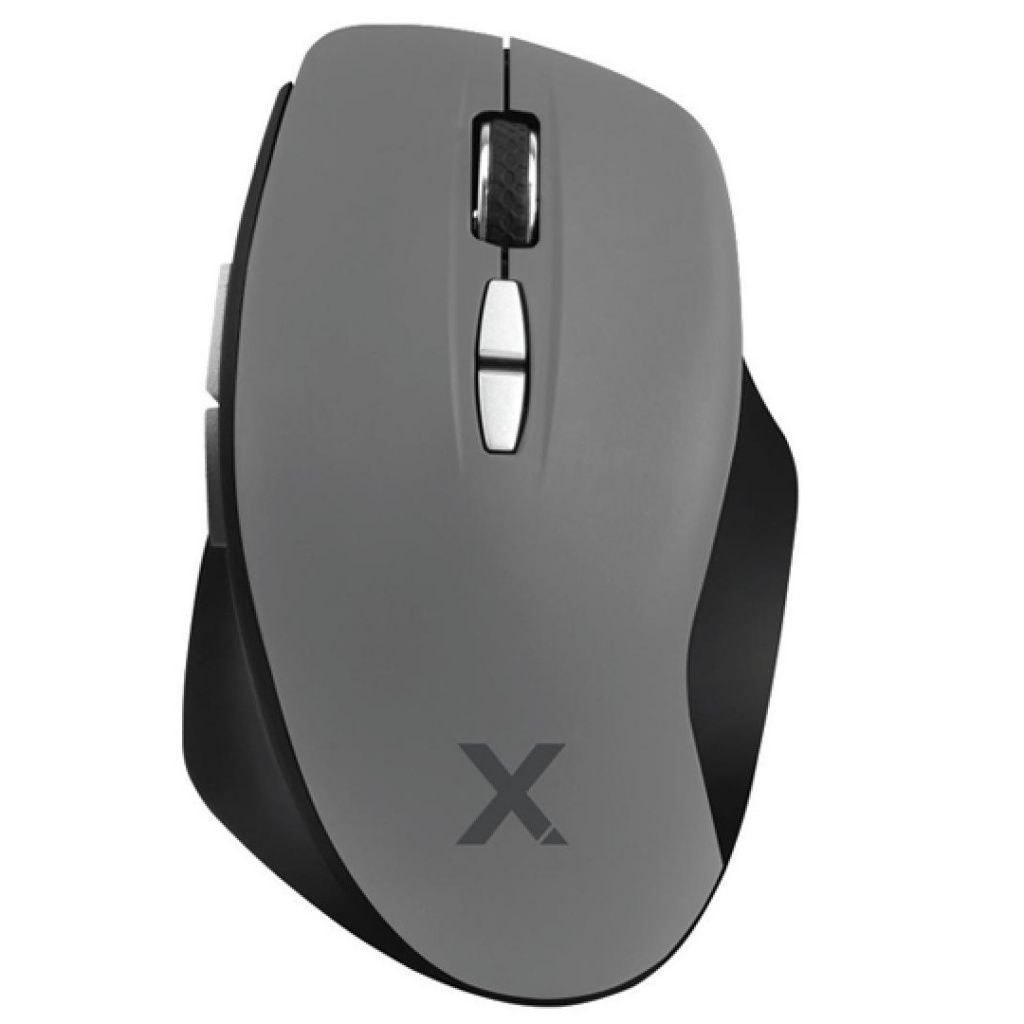Mouse per computer grigio e nero con due pulsanti e una rotella, isolato su sfondo bianco.