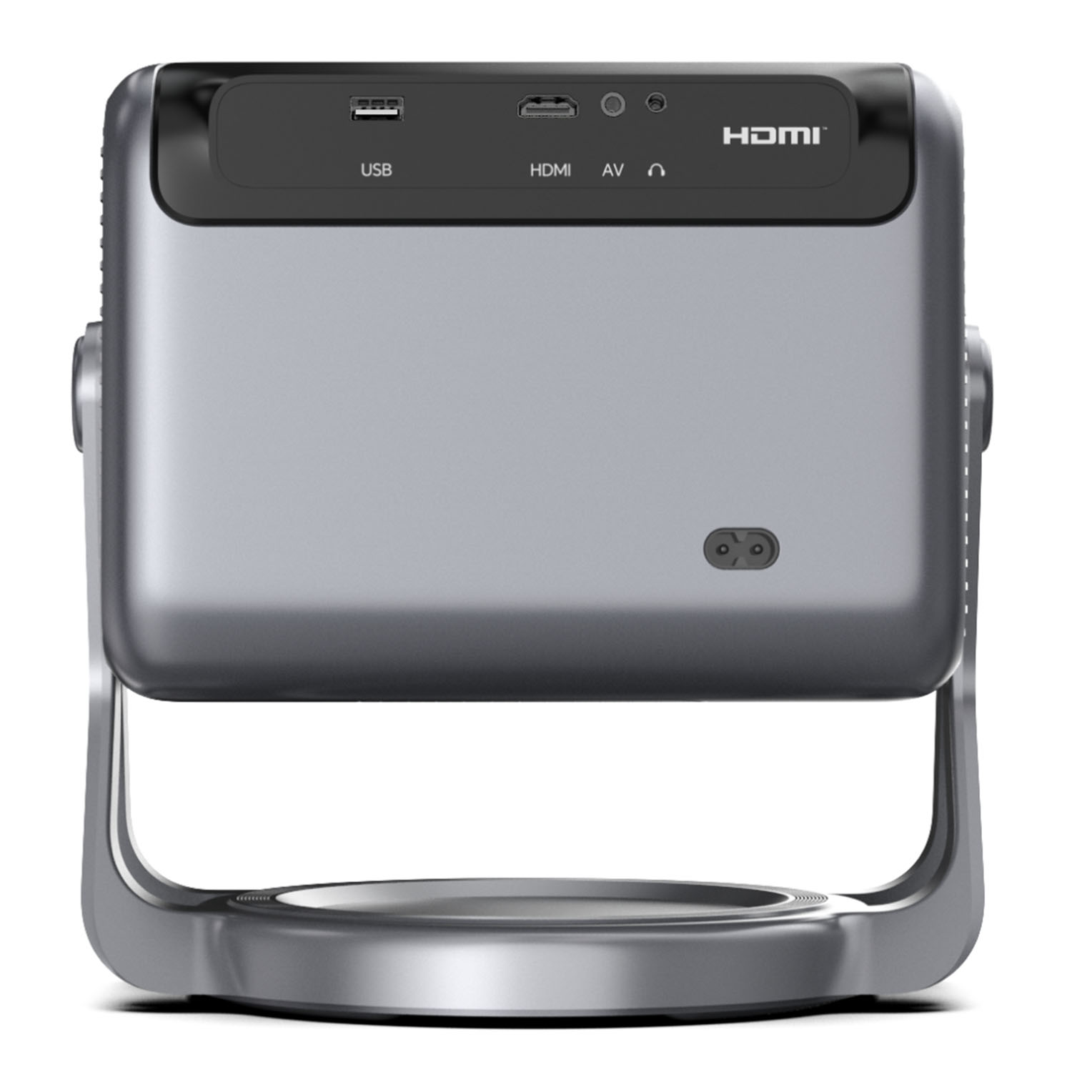 Projecteur argenté avec dessus noir. Il possède des ports USB, HDMI et AV, avec une poignée.