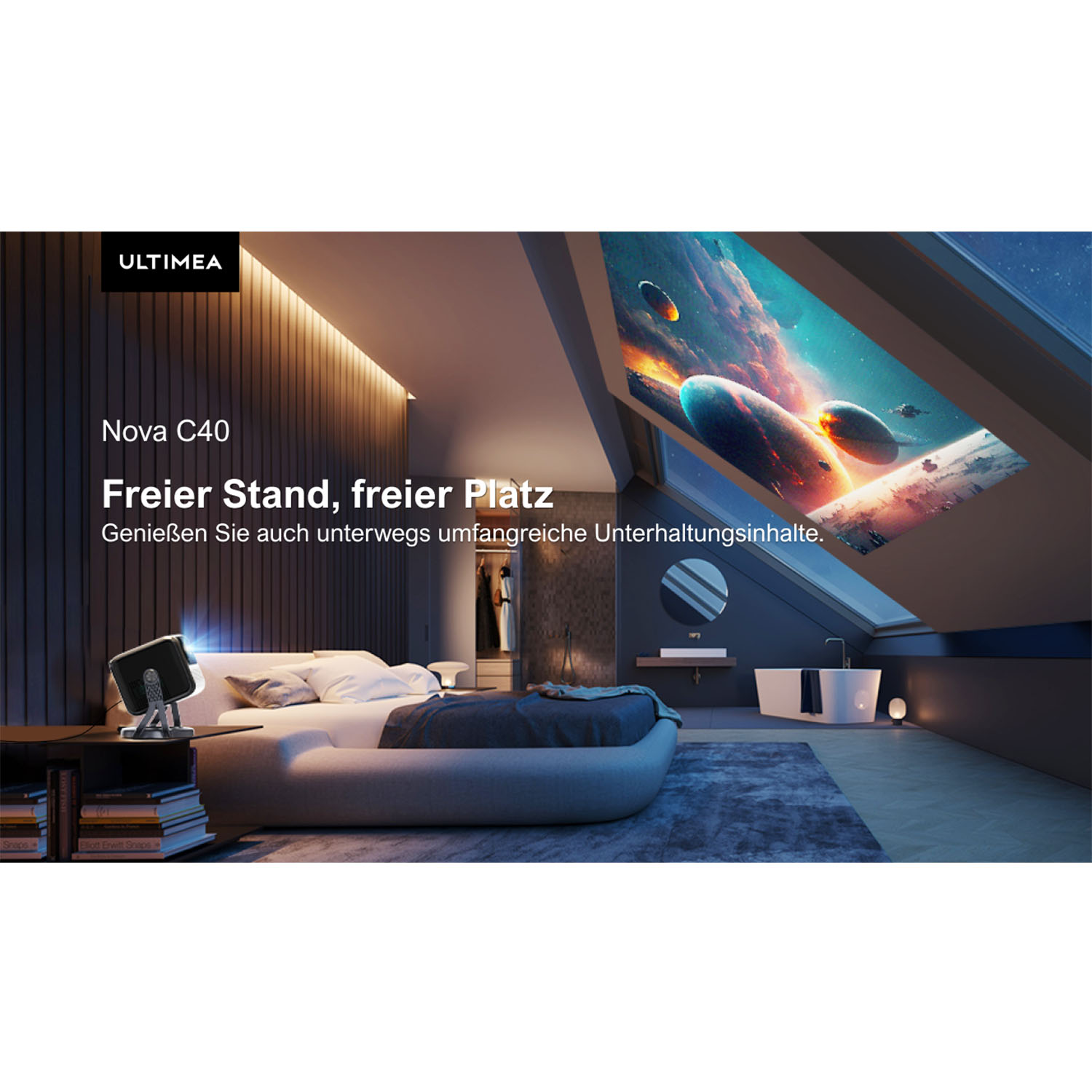 Ein Schlafzimmer mit einem Projektor, der eine Weltraumszene an die Decke projiziert.