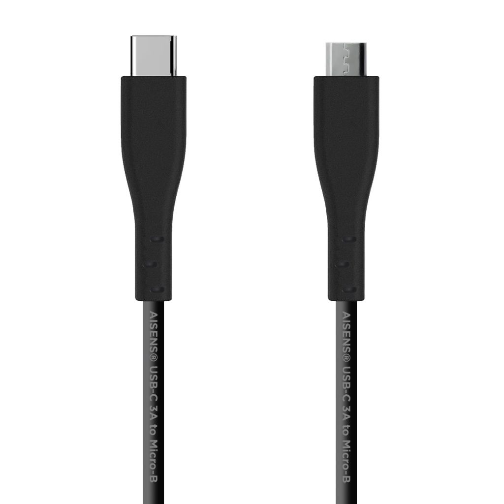 Zwei schwarze USB-Kabel: USB-C zu Micro-B, beschriftet mit Aisens.