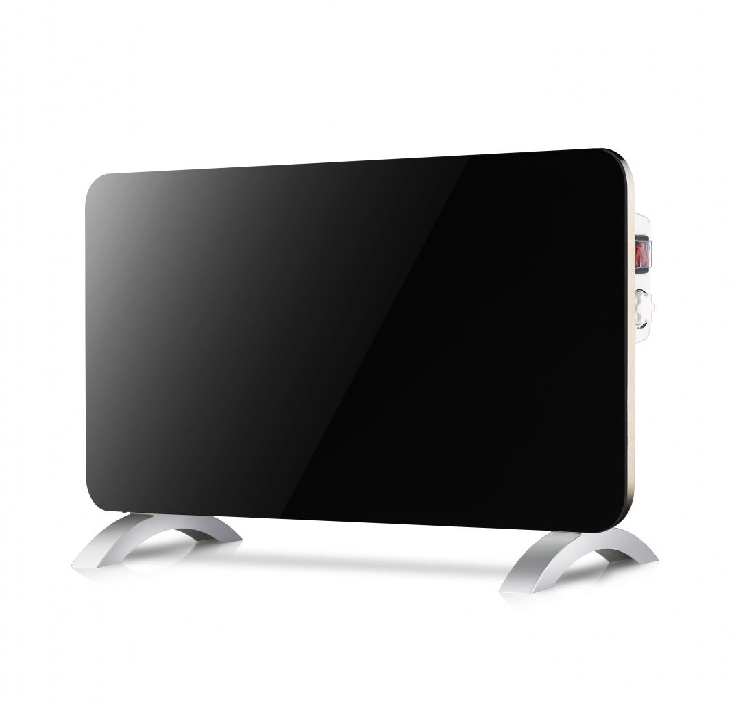 Calentador eléctrico negro con panel frontal brillante, de pie sobre dos patas plateadas curvas.
