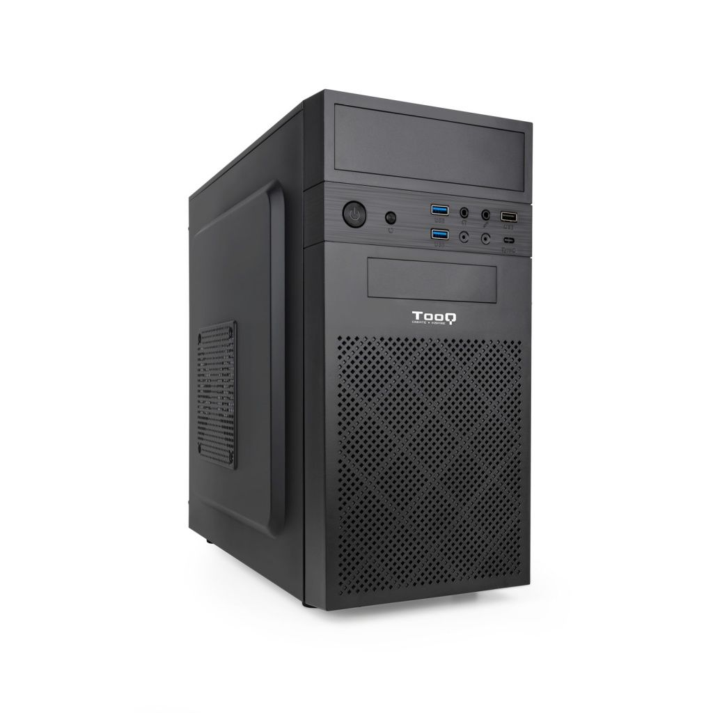 Case nero per computer con logo Tooq, che mostra il pannello frontale con pulsanti e porte.