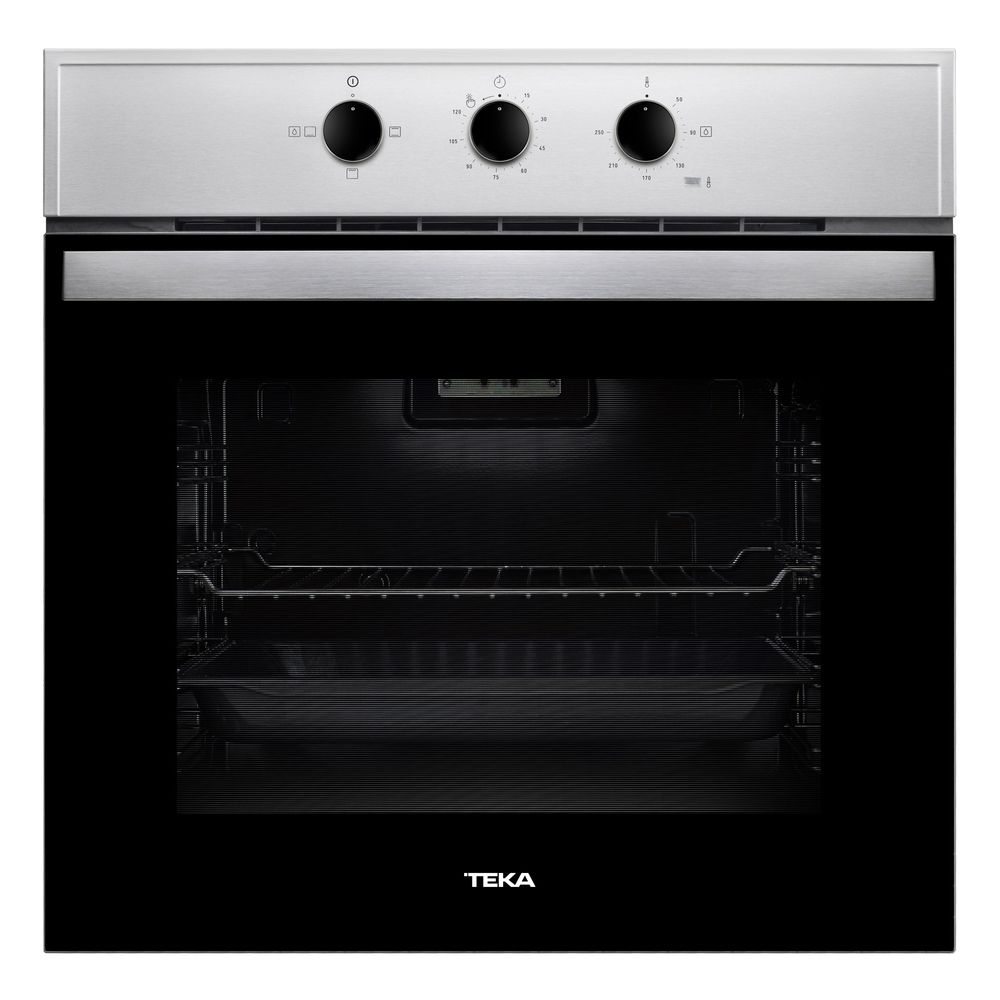 Un horno de acero inoxidable con tres mandos y una puerta negra. Se encuentra sobre un fondo blanco.