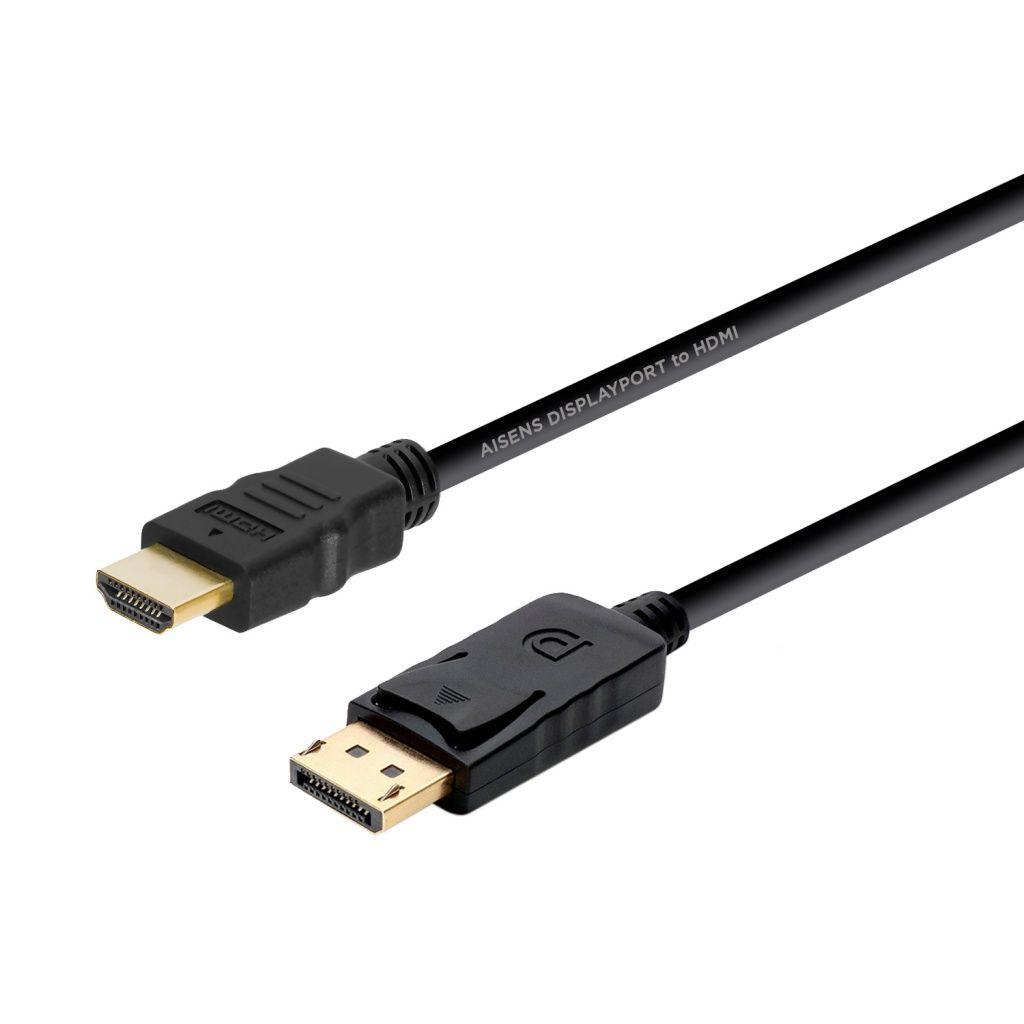 Cavo nero da HDMI a DisplayPort. Connettori ad ogni estremità. Sfondo bianco.