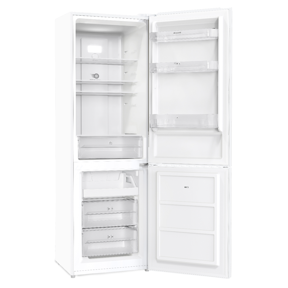 Un refrigerador blanco con las puertas abiertas, revelando el interior.