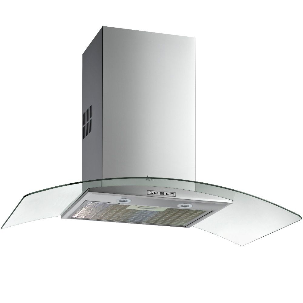 Una campana extractora de acero inoxidable con paneles de vidrio y luces.