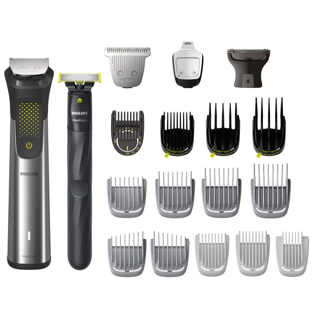 Una afeitadora Philips OneBlade con varios accesorios, aislada sobre un fondo blanco.