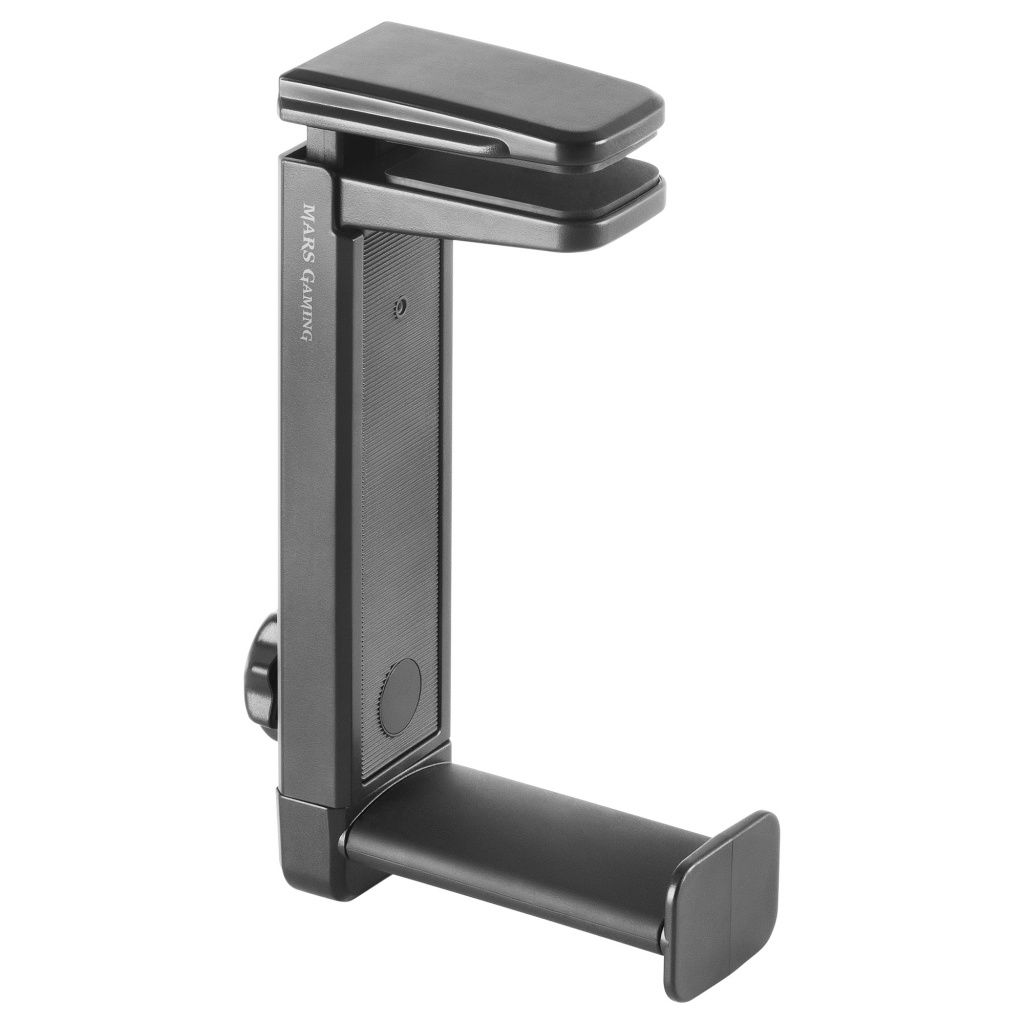 Soporte negro para auriculares sobre fondo blanco.
