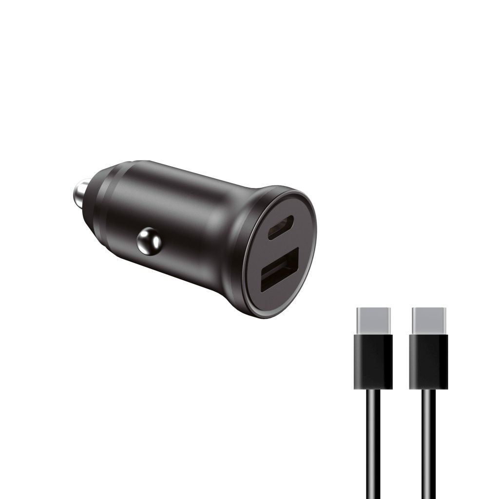 Cargador de coche negro con puertos USB y USB-C.