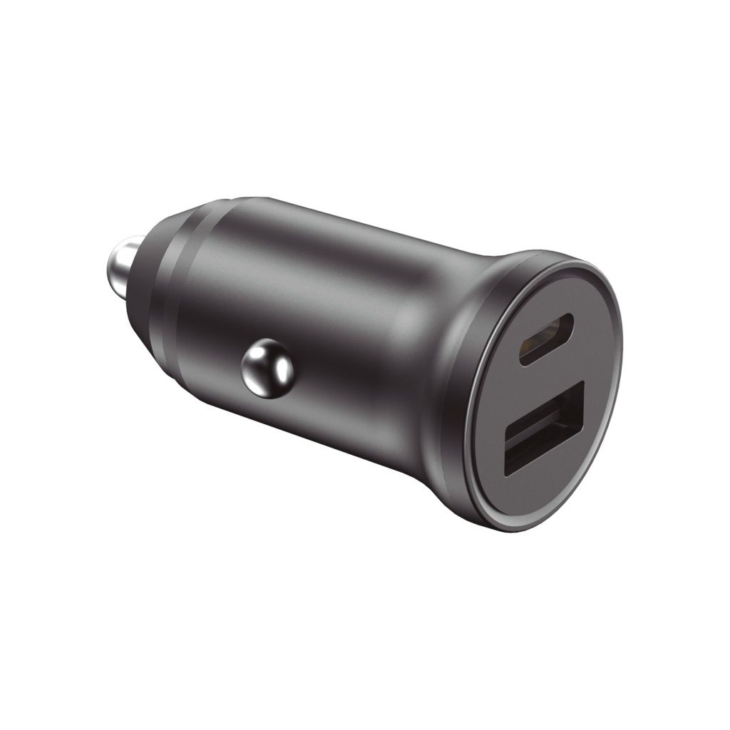 Cargador USB para coche negro. Tiene dos puertos USB y está sobre un fondo blanco.