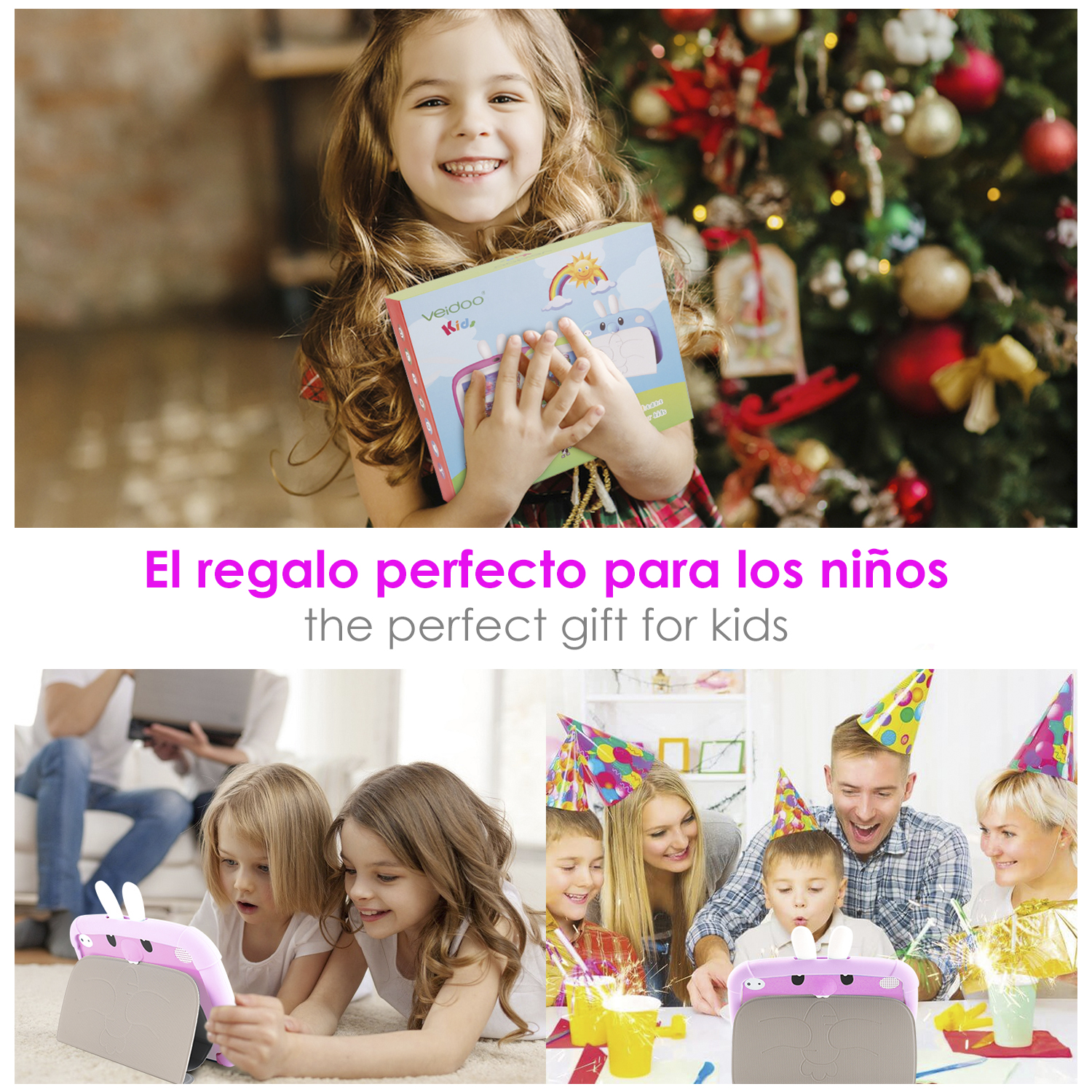 Niña sosteniendo una tableta, otros niños también sostienen tabletas. Texto dice "El regalo perfecto para los niños"