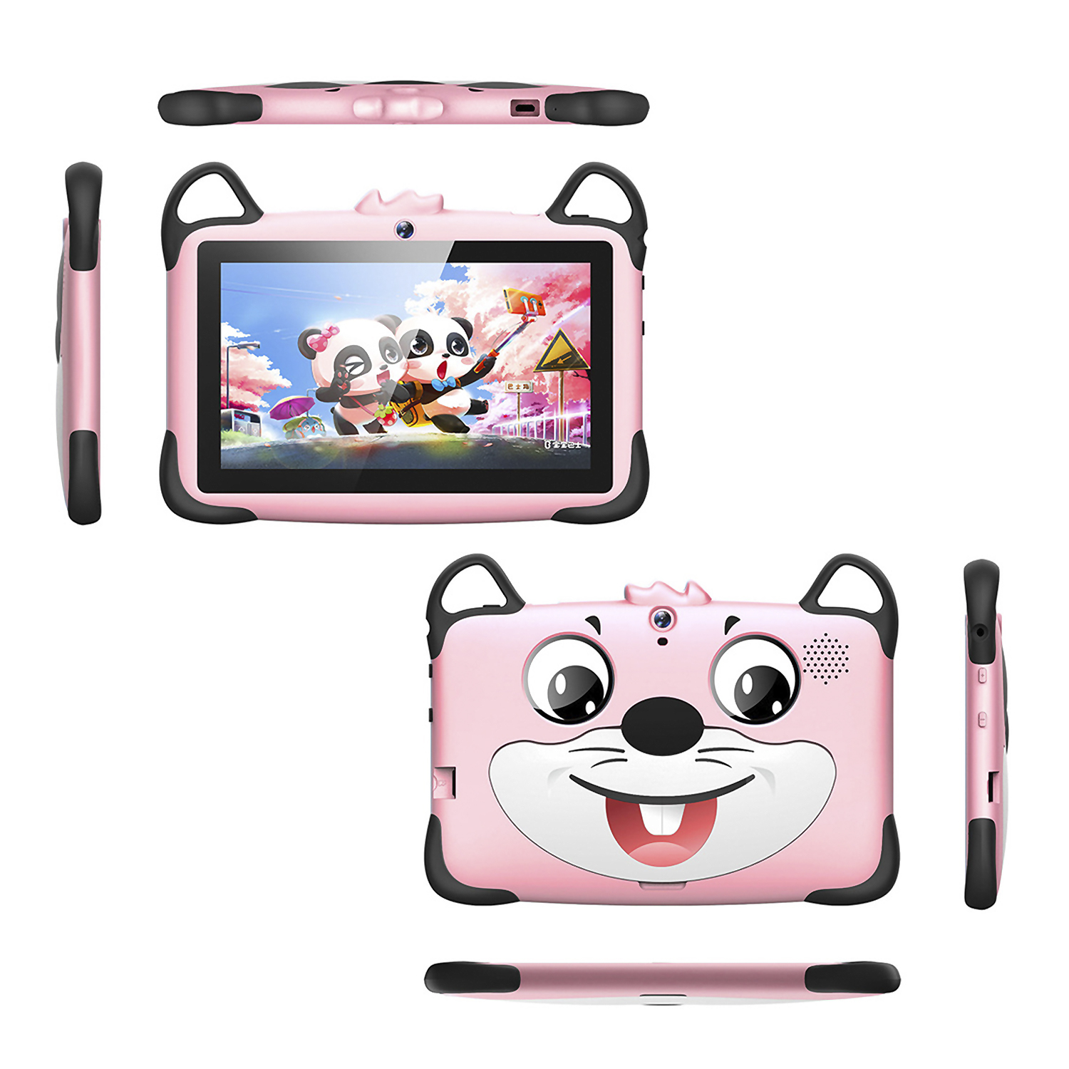 Tableta rosa con cara y orejas de dibujos animados. Múltiples vistas del dispositivo.