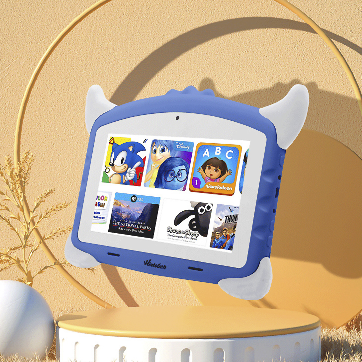 Blaues Tablet mit Cartoon-Symbolen auf dem Bildschirm, auf einem Ausstellungsständer.
