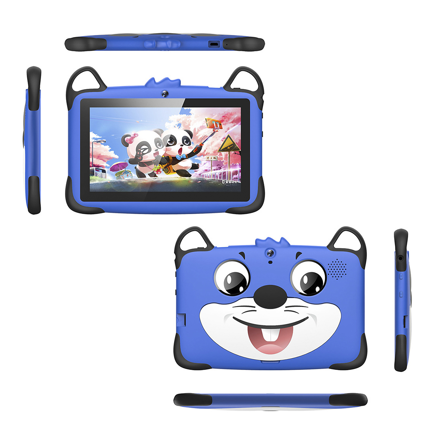 Blaues Tablet mit Cartoon-Gesicht und Ohren. Mehrere Ansichten des Geräts.