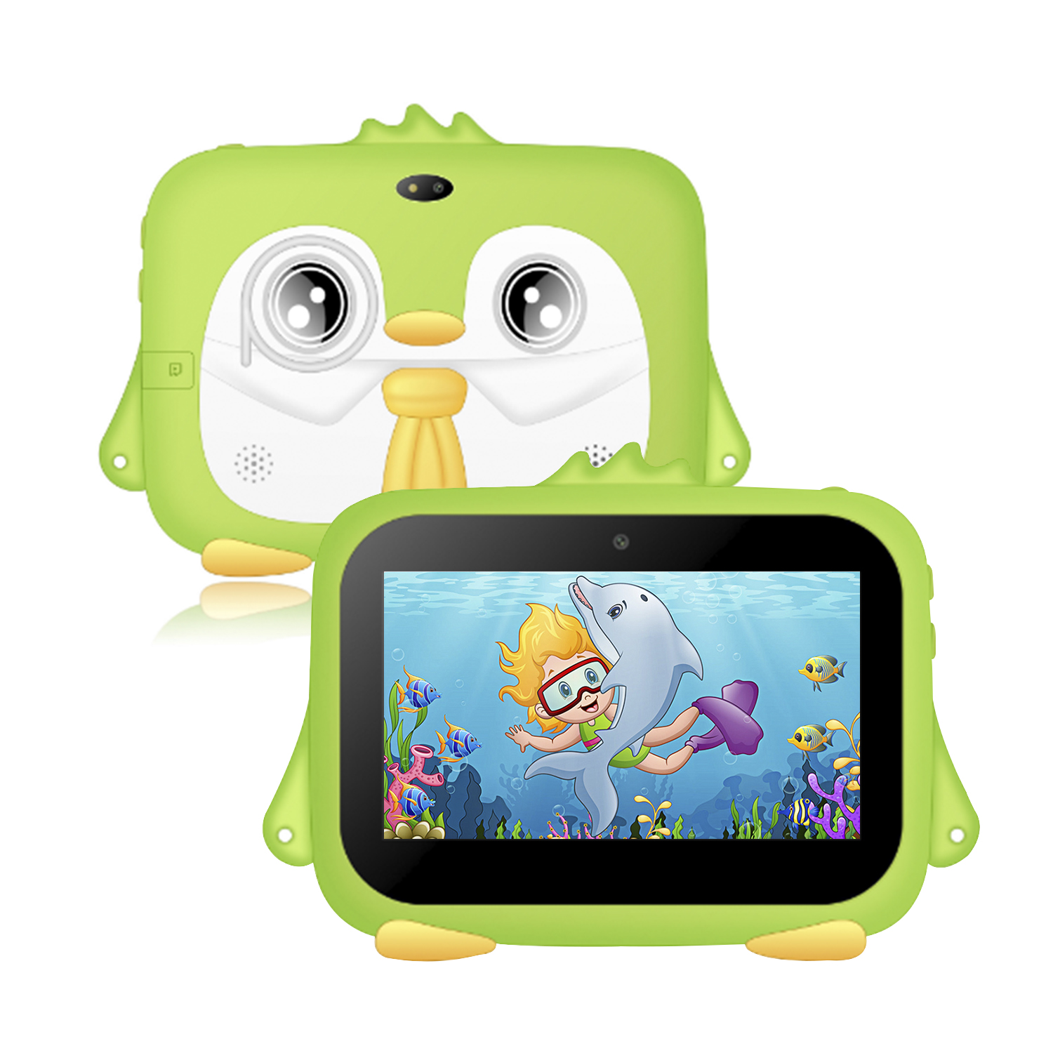 Due tablet verdi a forma di pinguino mostrano scene sottomarine con un bambino e un delfino.