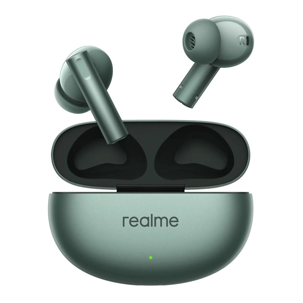 Auricolari e custodia di ricarica verdi. La custodia è aperta. "realme" è stampato sulla custodia.