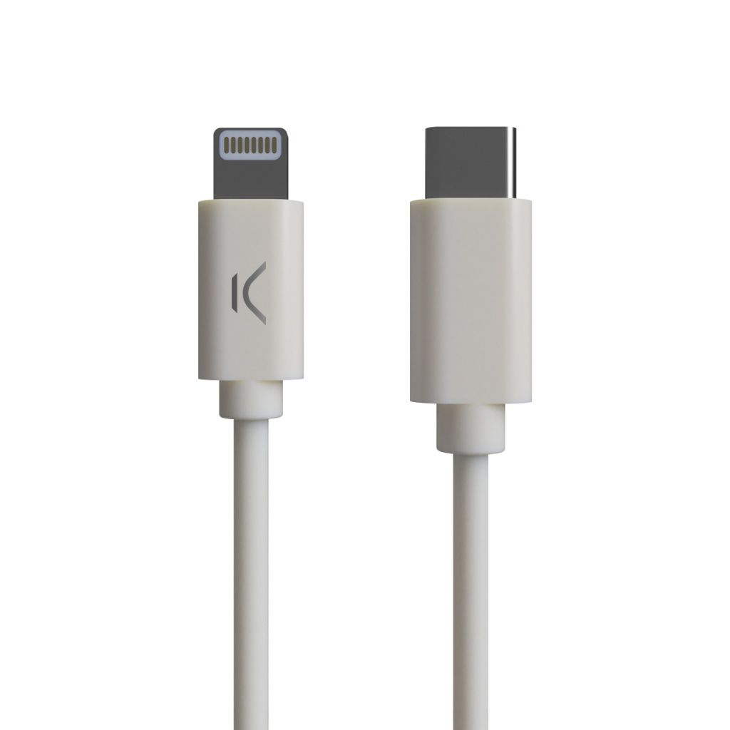 Cavo di ricarica bianco con connettori Lightning e USB-C. Sfondo bianco.