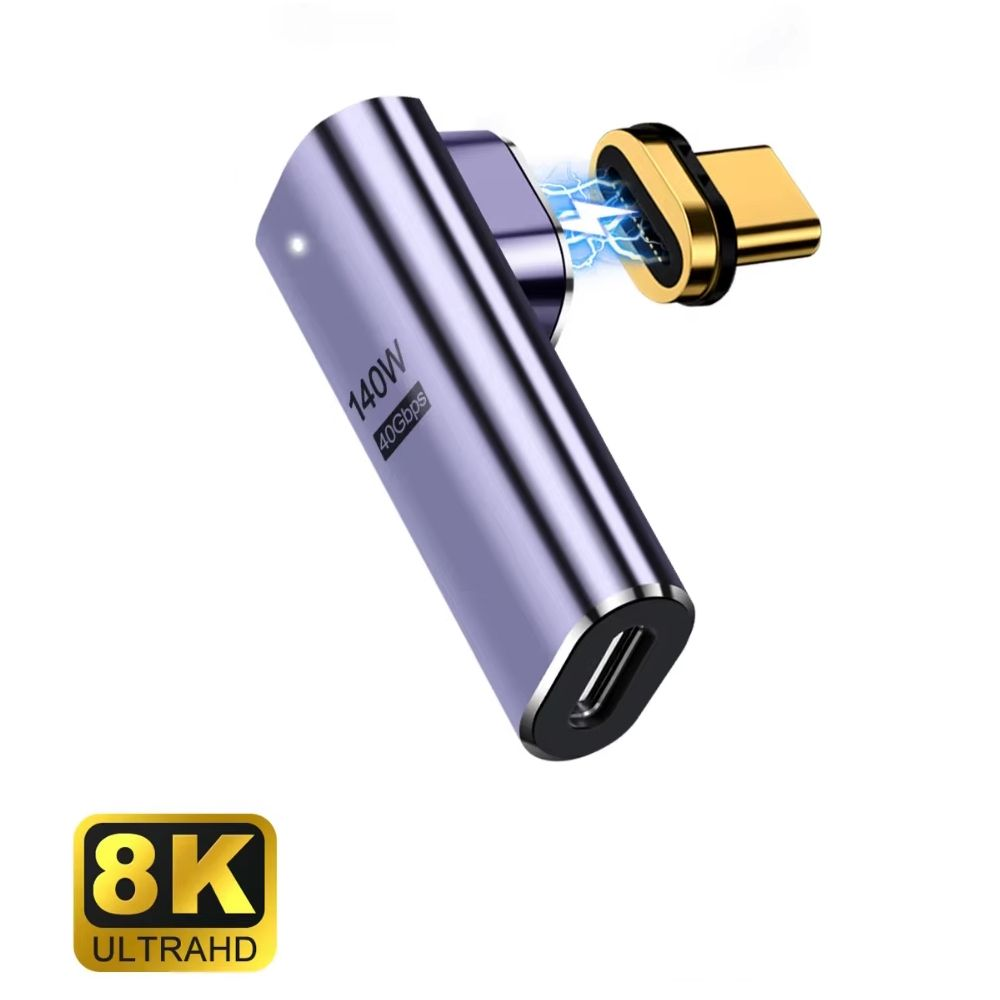 Adattatore viola e oro con connettore magnetico e porta USB-C. Logo 8K Ultra HD.