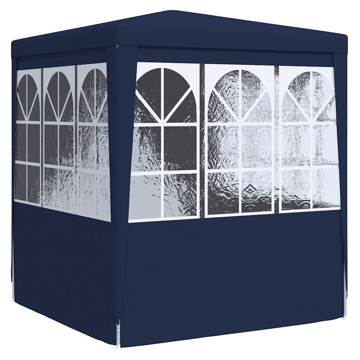 Un gazebo blu scuro con pannelli finestra ad arco. Le finestre sono trasparenti. Il tetto e le pareti sono blu scuro.
