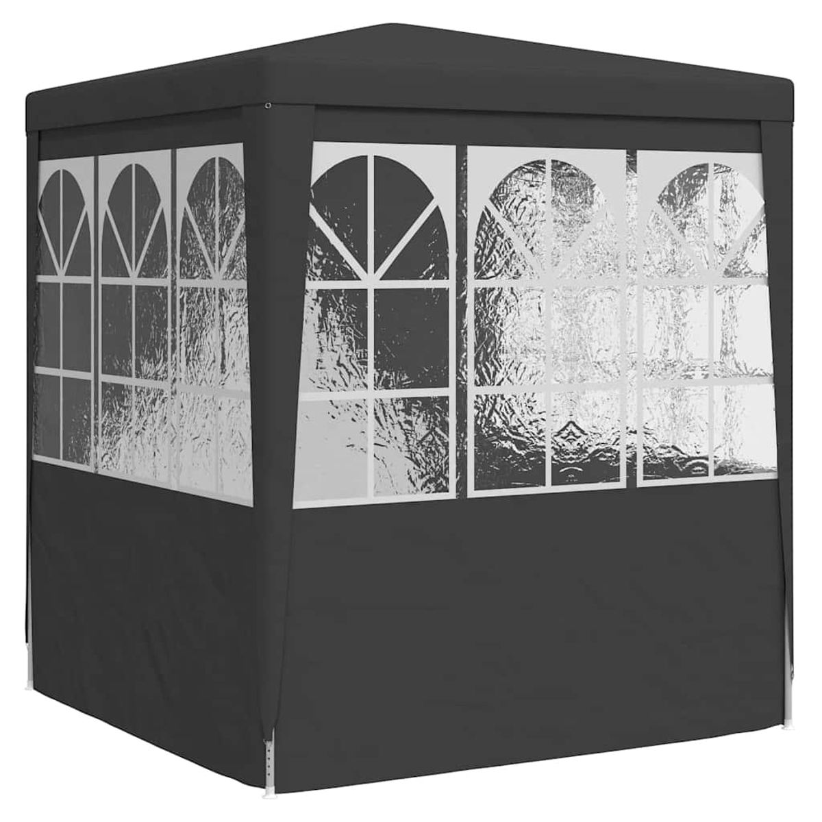 Gazebo grigio scuro. La struttura ha finestre con cornice bianca.
