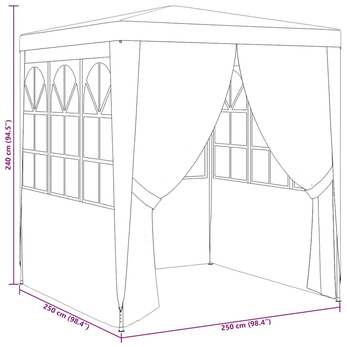 Un gazebo con dimensioni: base di 250 cm x 250 cm e altezza di 240 cm. Con tende.