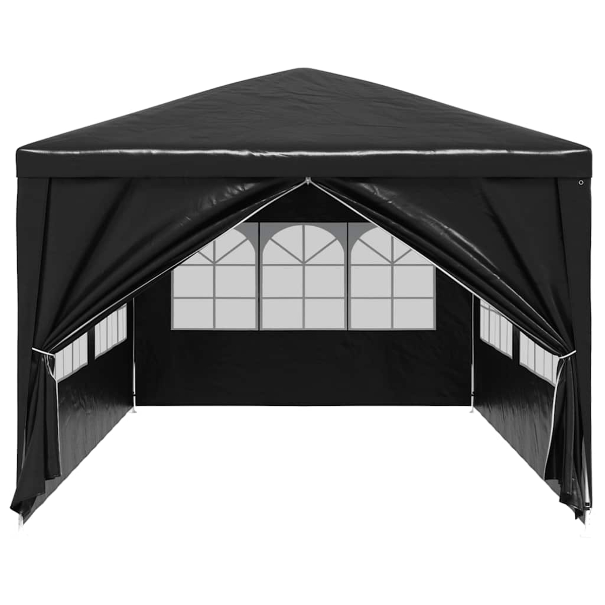Schwarzer Pavillon mit weißer Verzierung. Verfügt über Fenster und eine offene Front.