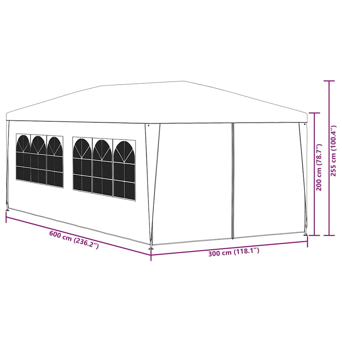 Weißer Pavillon mit drei Bogenfenstern. Abmessungen sind 600x300x255 cm.