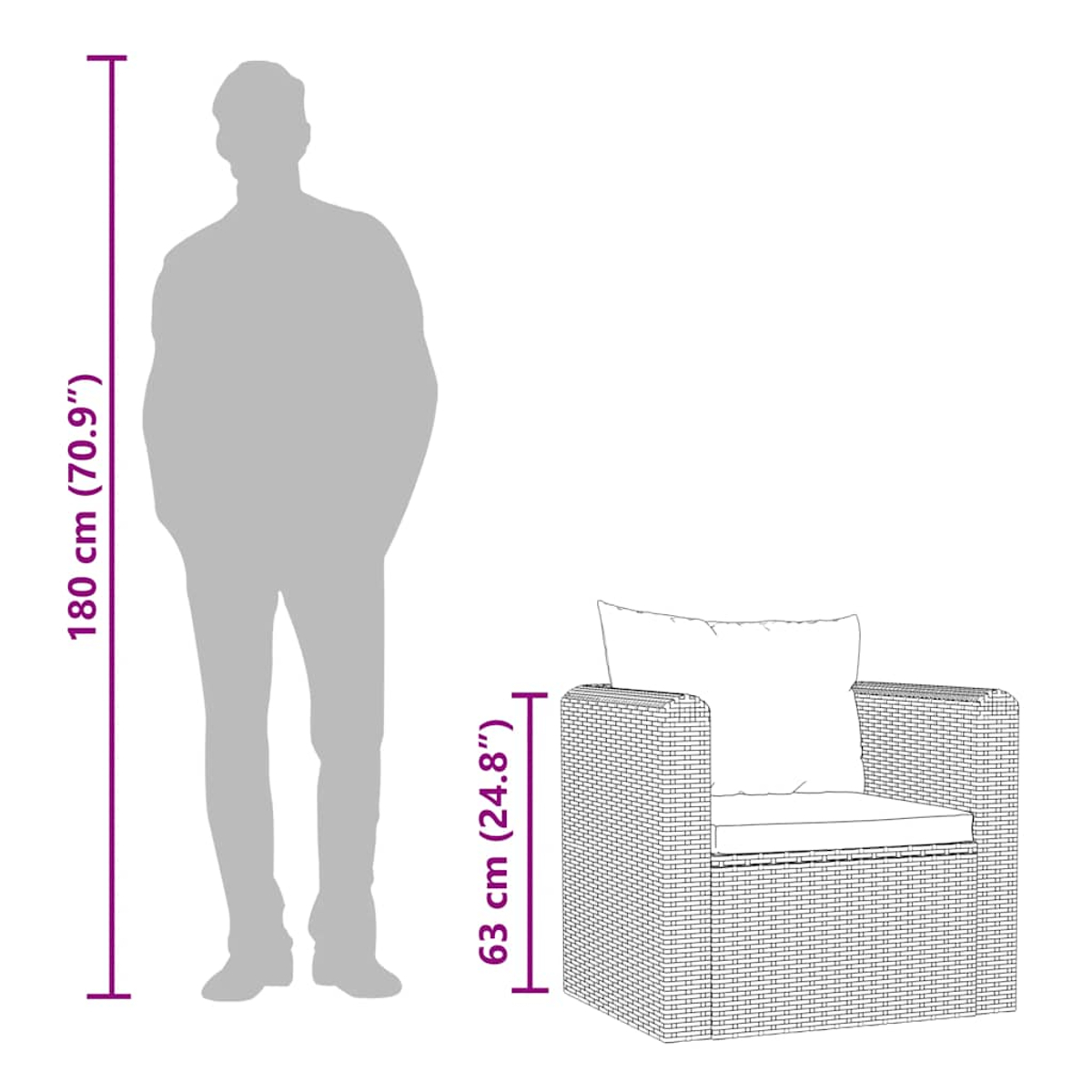 Eine Männersilhouette neben einem schwarzen Korbstuhl mit einem weißen Kissen.