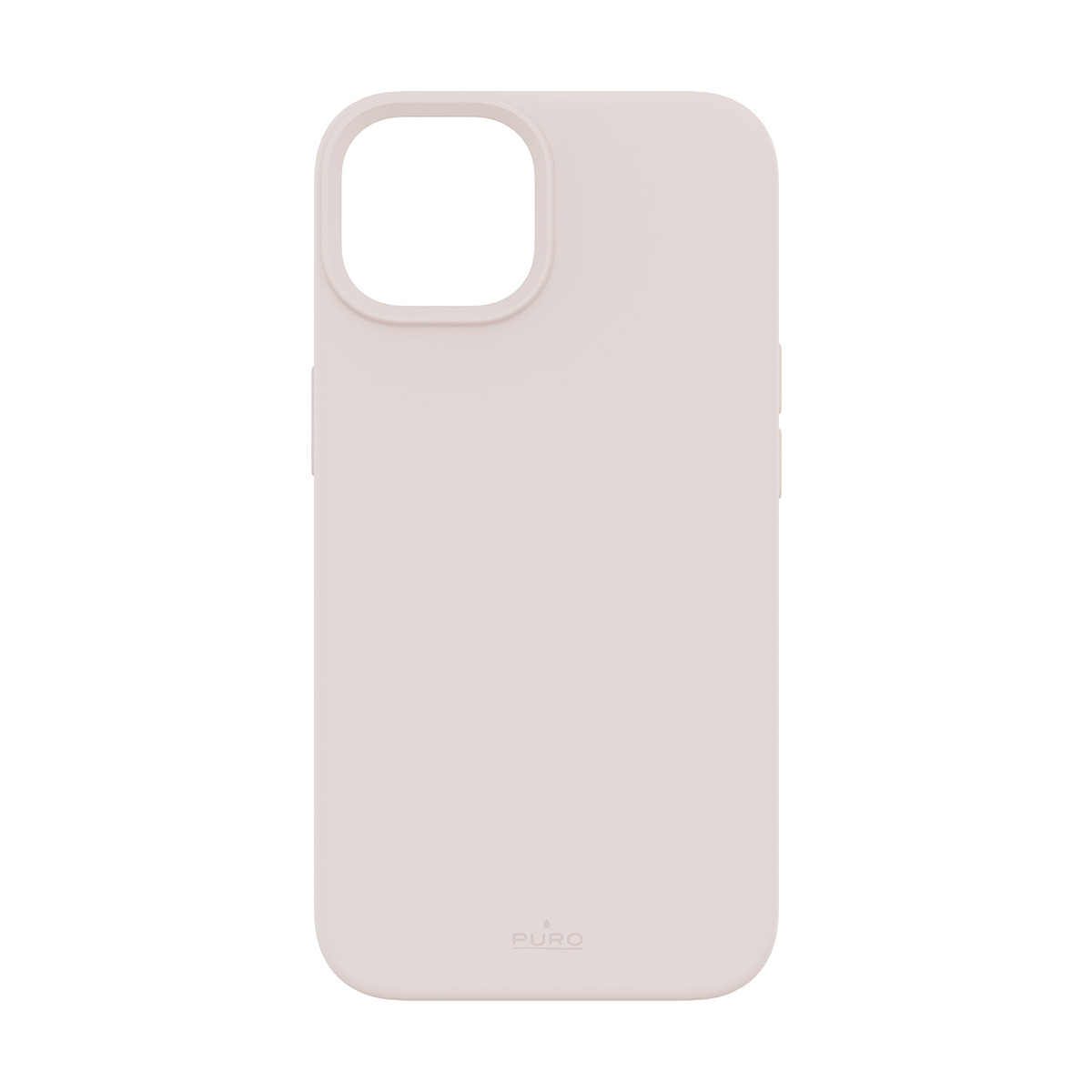 Custodia per telefono rosa pallido con foro per fotocamera e marchio 'PURO' in basso.