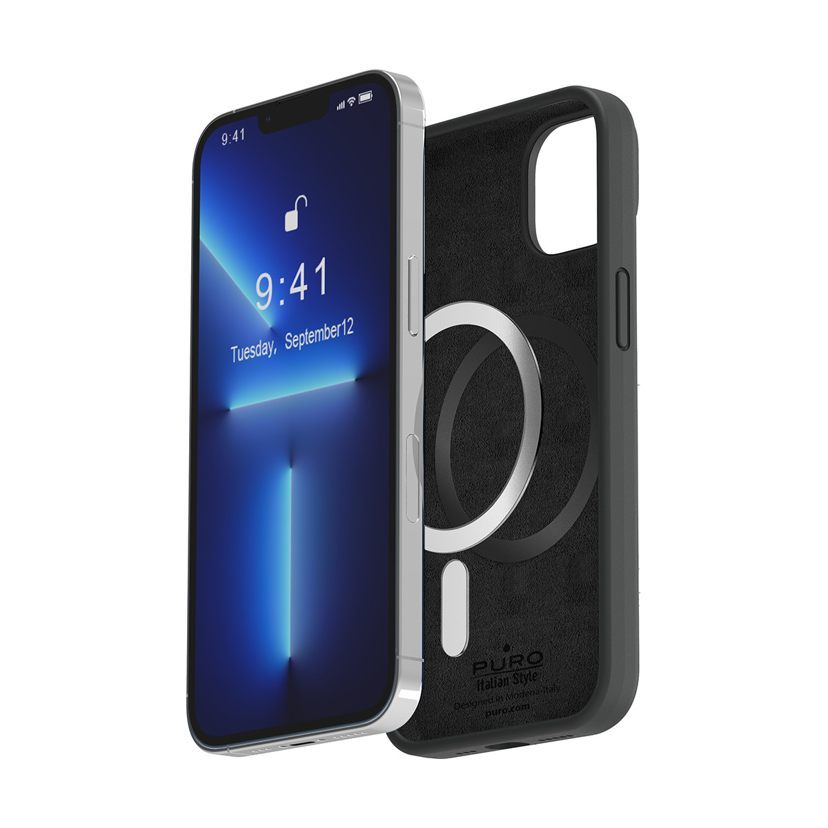 Telefon mit Hülle, Bildschirm zeigt Uhrzeit. Hülle neben dem Telefon. Markenlogo sichtbar.