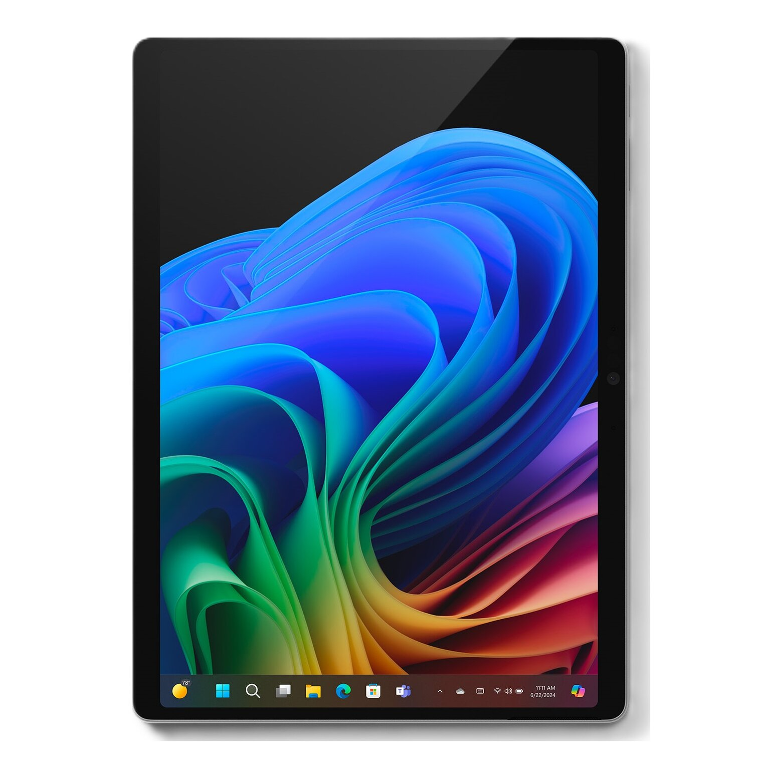 Tablet mit buntem, abstrakten Hintergrund auf dem Bildschirm. Schwarzer Rahmen, weißer Hintergrund.
