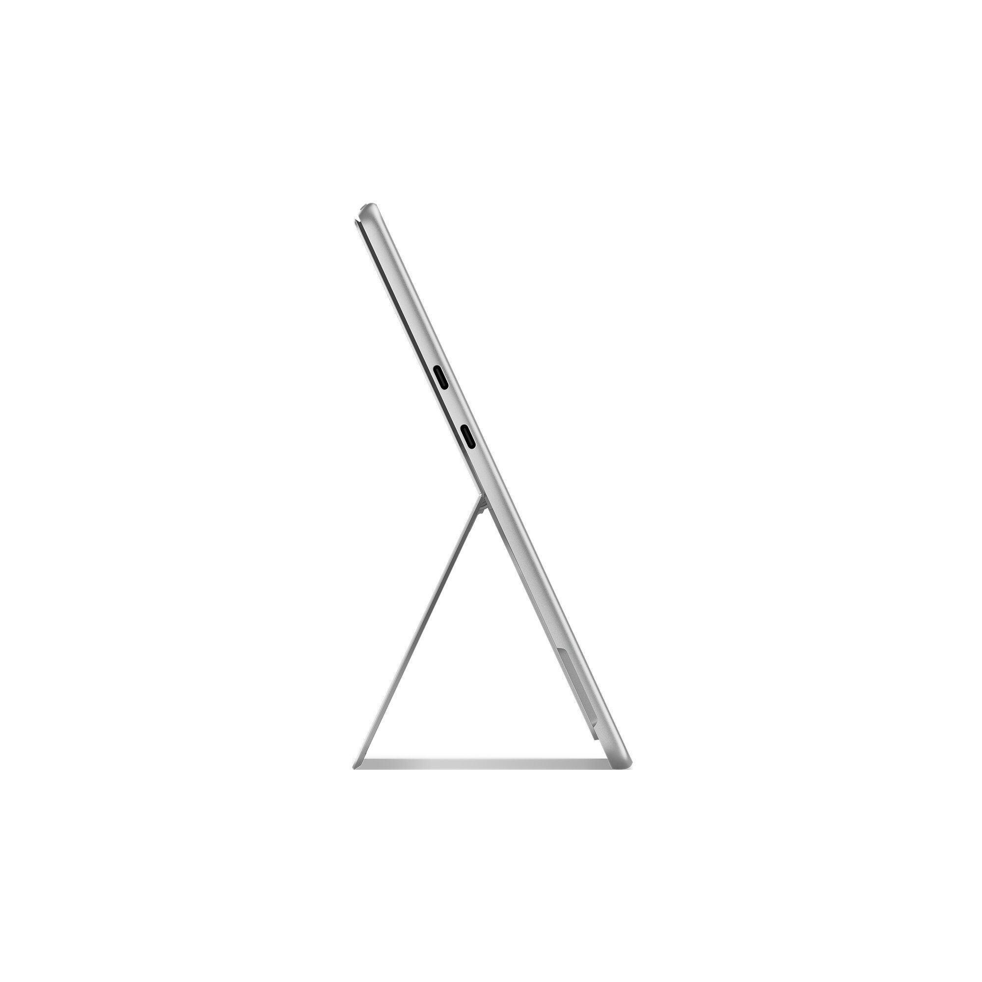 Tablet Seitenansicht. Silberne Farbe. Metallständer. Weißer Hintergrund.
