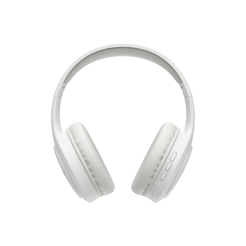 Weiße Kopfhörer. Over-Ear-Design mit Ohrpolstern und einem Bügel.