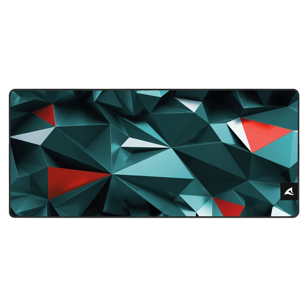 Tapis de souris avec un design géométrique. Fond bleu-vert avec des triangles rouges et blancs.
