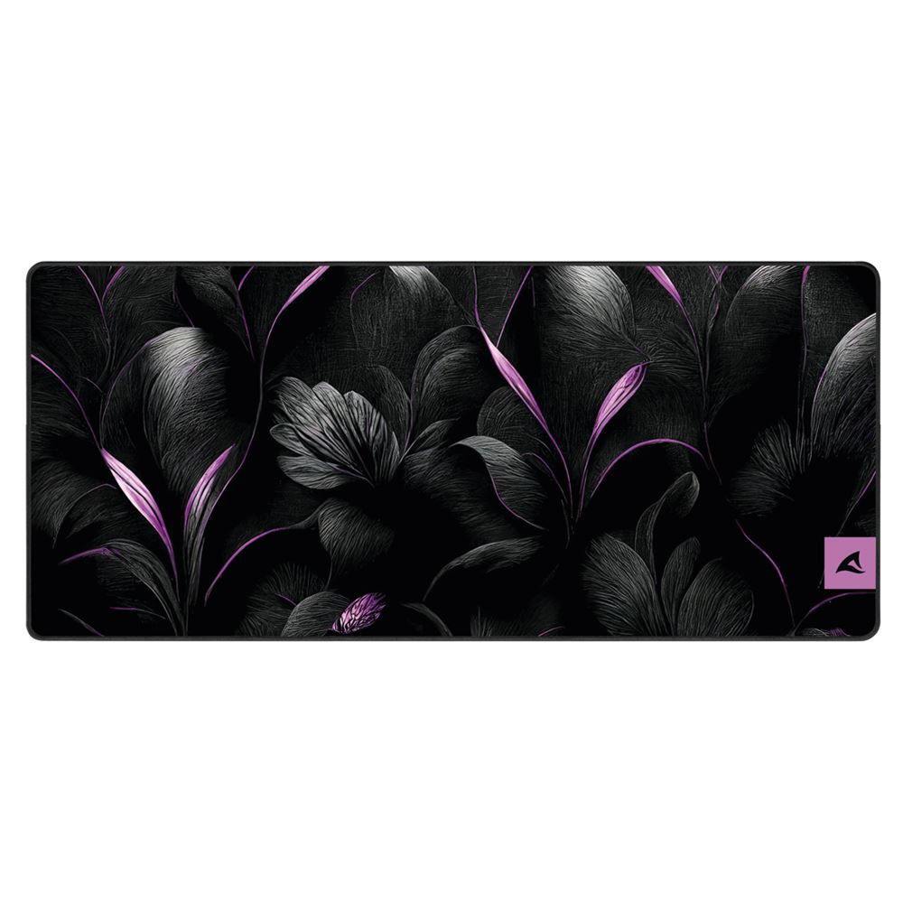 Tapis de souris avec un motif floral. Fond noir avec des accents violets.
