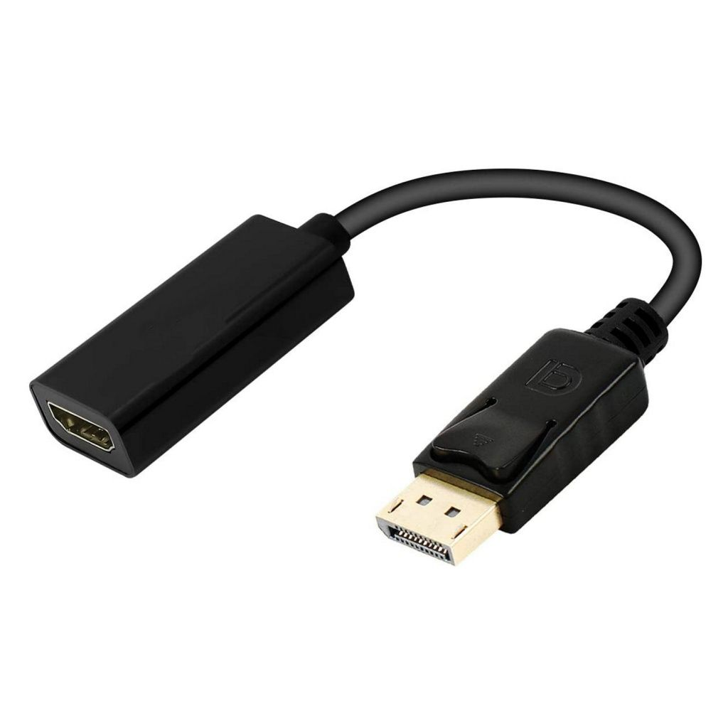Czarny adapter HDMI do DisplayPort z krótkim kablem, używany do podłączania urządzeń z różnymi interfejsami wyświetlania.