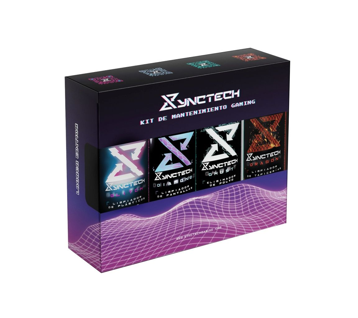 Caja negra con diseño colorido, contiene productos de limpieza para ordenador, 'Xynctech'.