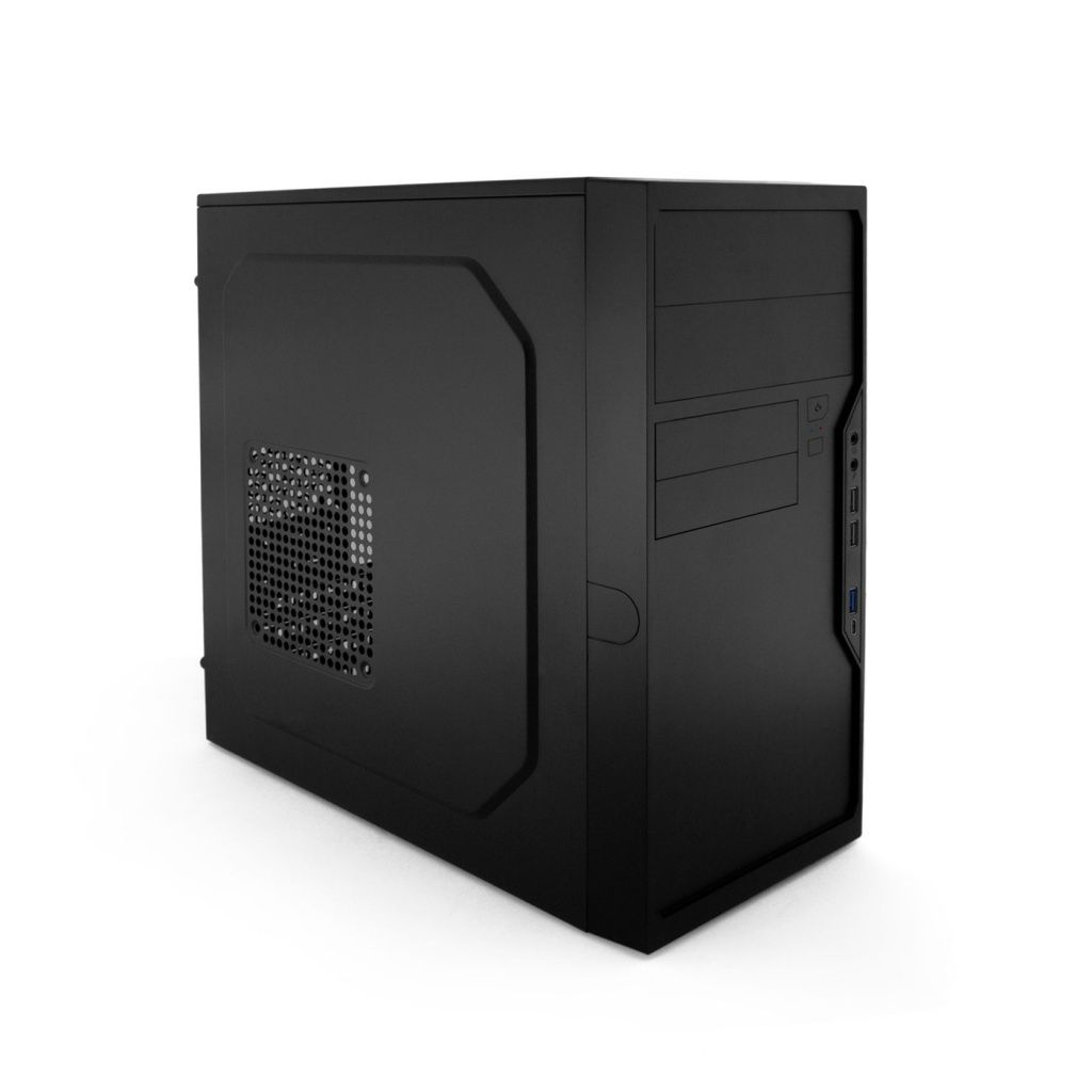 Case per computer nero con presa d'aria laterale. Ha una porta e porte laterali.
