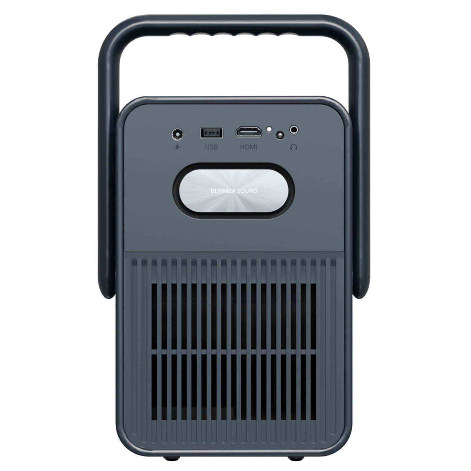 Vue de face du projecteur Ultimea. Bleu foncé avec poignée. Lentille et grille.