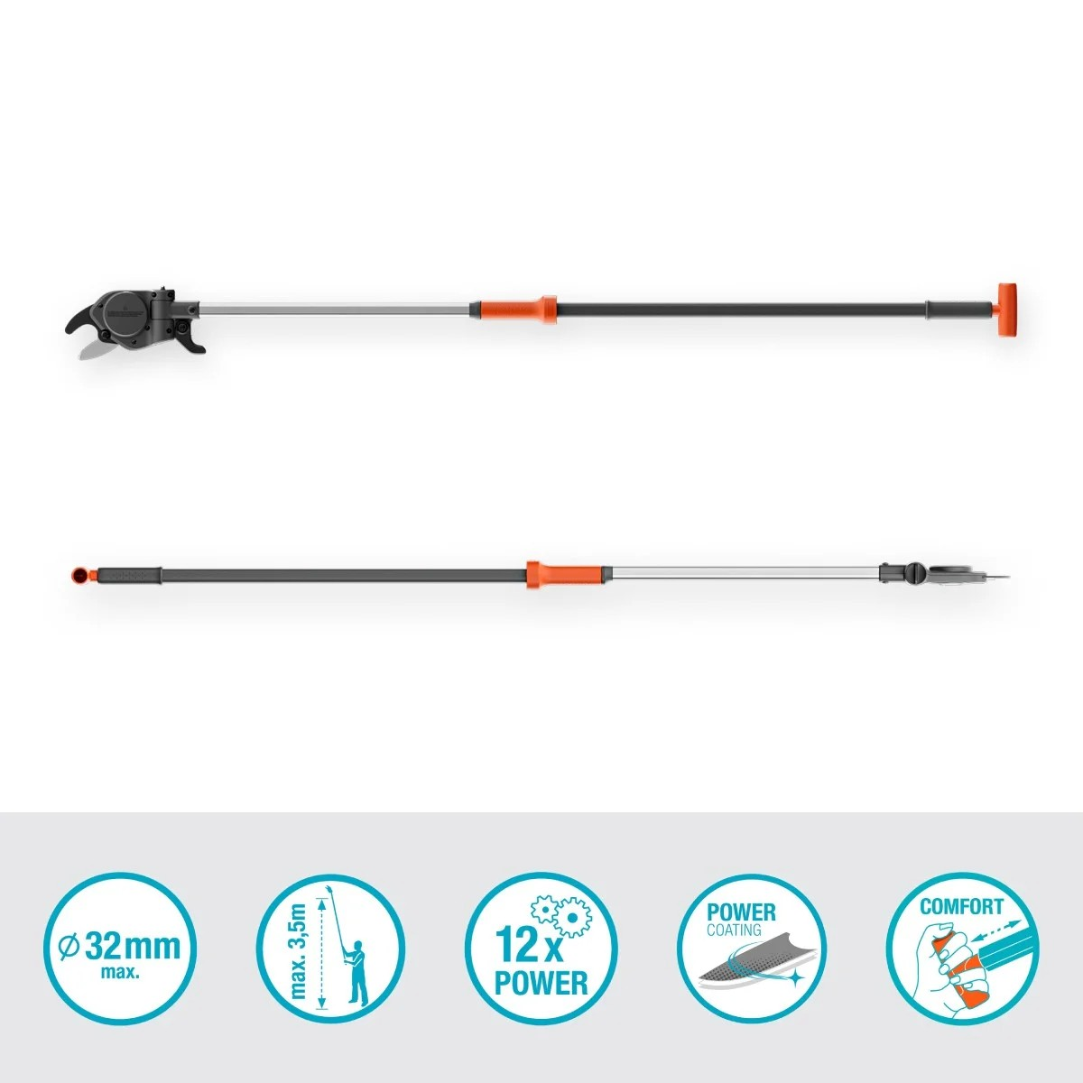 Dwa widoki sekatora tyczkowego z pomarańczowymi akcentami, ukazujące jego rozmiar i funkcje.