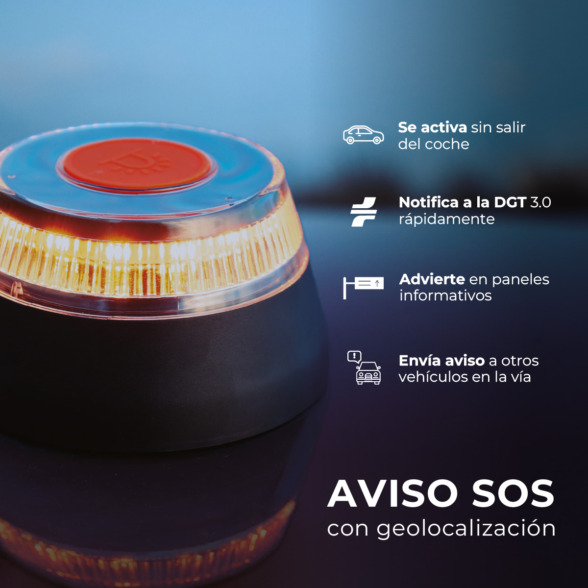 Luz de emergencia SOS para coche. Luz roja y naranja. Texto: Activa sin salir, alerta DGT 3.0.