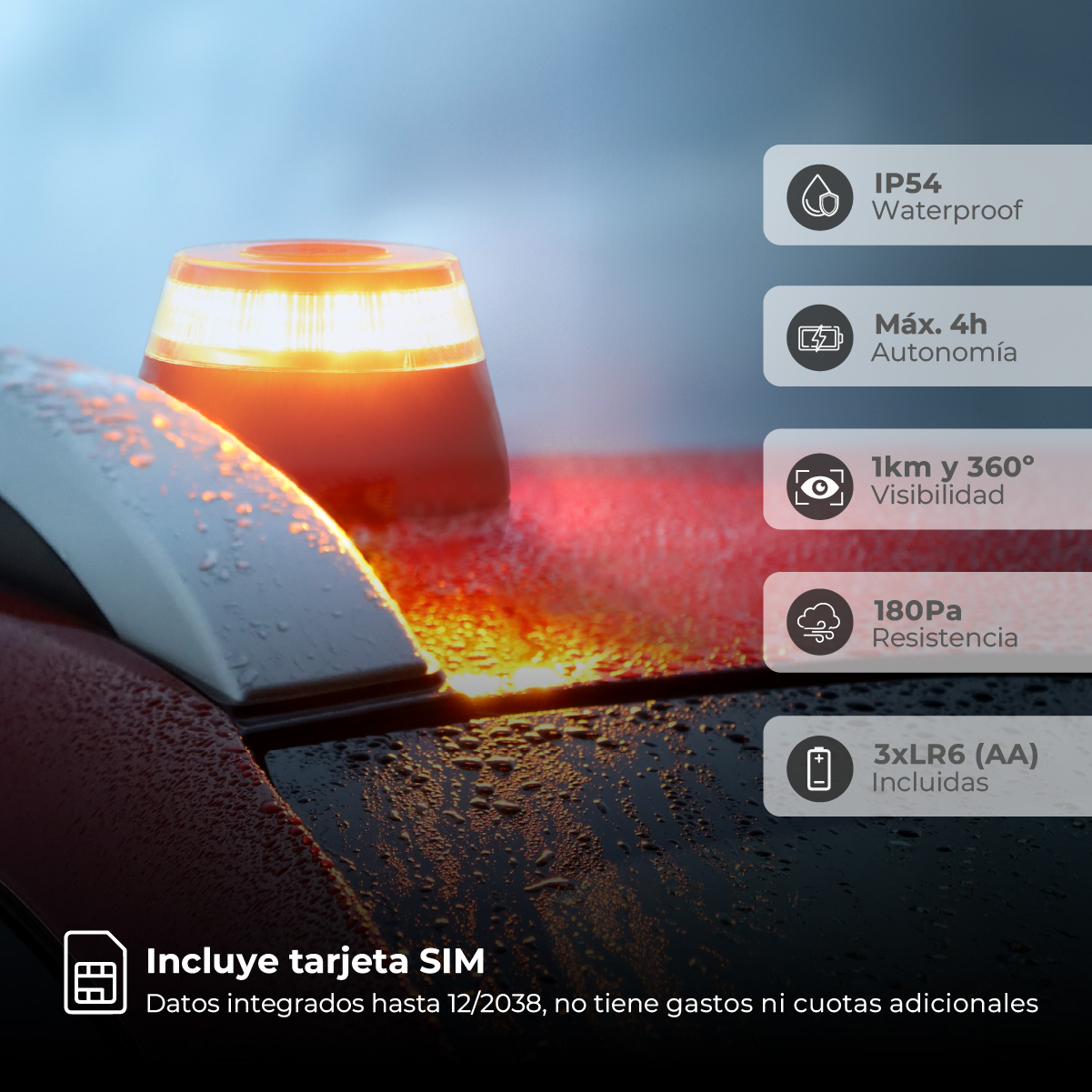 Primer plano de una luz de emergencia impermeable con una tarjeta SIM, destacando sus características.